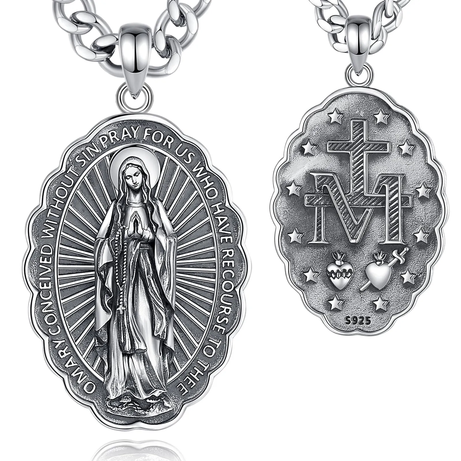 AEONSLOVE Collana Vergine Maria Argento 925 per Donna Uomo Ciondolo Medaglia Madonna Delle Grazie Gioielli Amuleto Religiosi Regalo Cristiano Cattolico - immagine 1