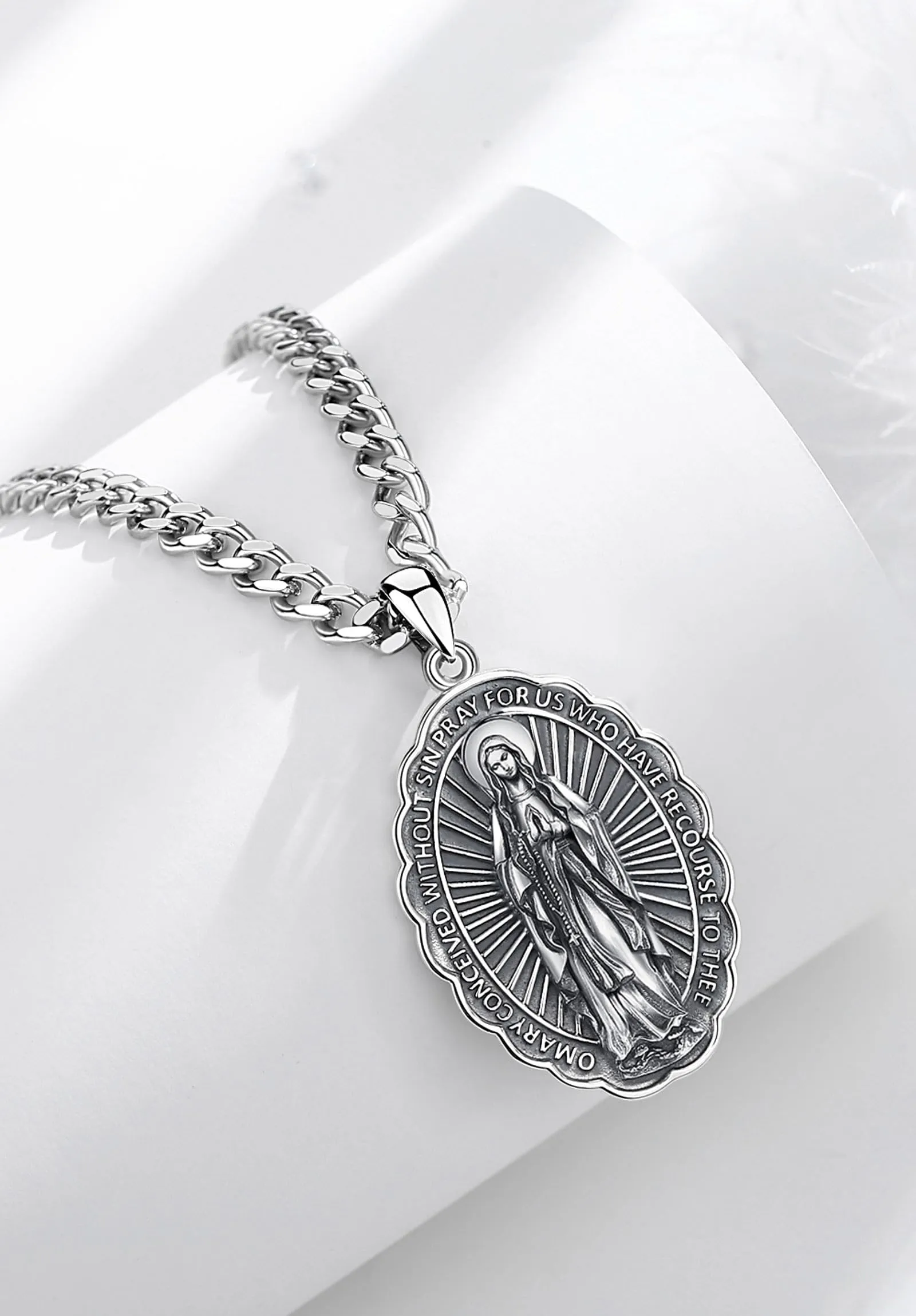 AEONSLOVE Collana Vergine Maria Argento 925 per Donna Uomo Ciondolo Medaglia Madonna Delle Grazie Gioielli Amuleto Religiosi Regalo Cristiano Cattolico - immagine 2