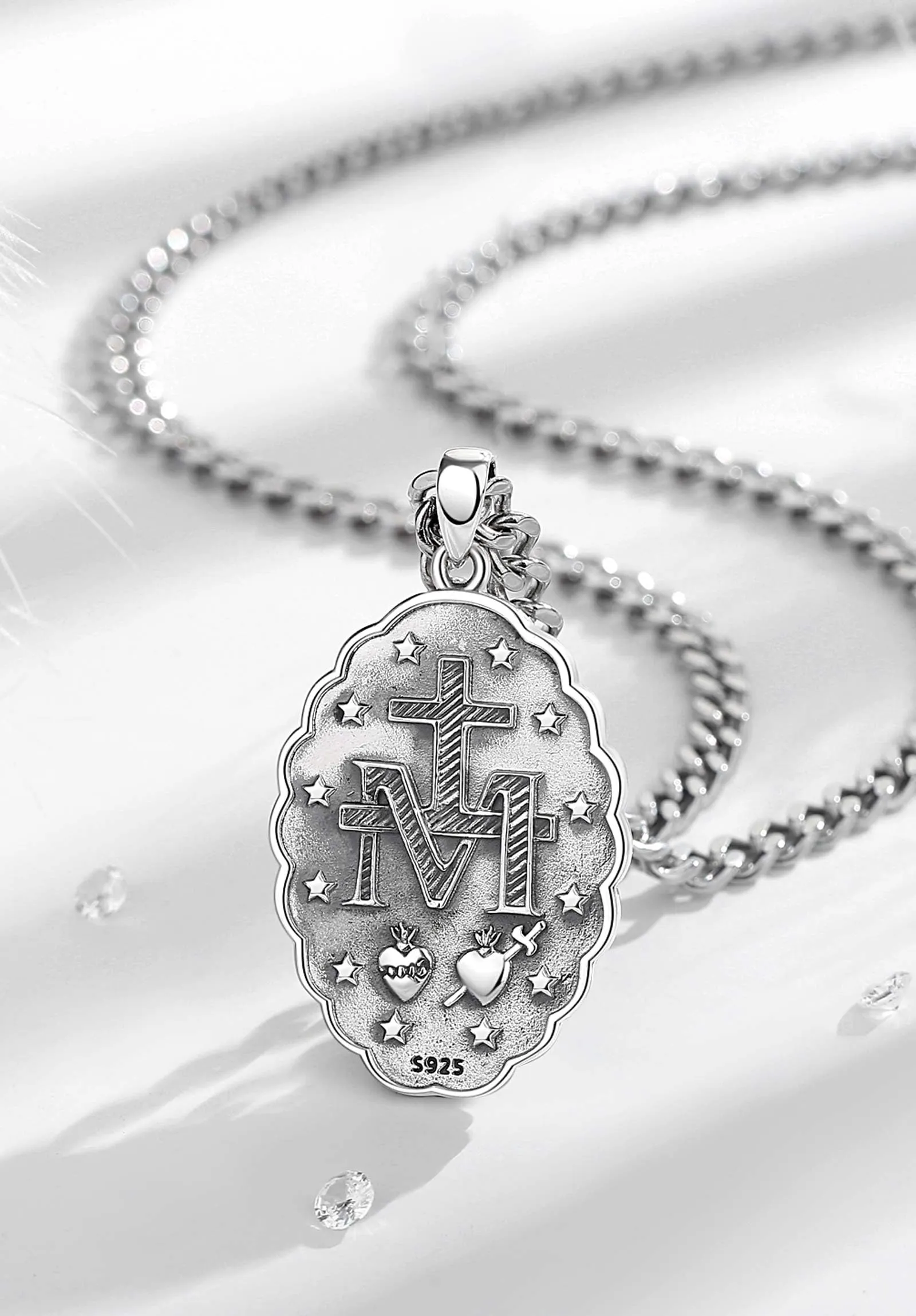 AEONSLOVE Collana Vergine Maria Argento 925 per Donna Uomo Ciondolo Medaglia Madonna Delle Grazie Gioielli Amuleto Religiosi Regalo Cristiano Cattolico - immagine 3