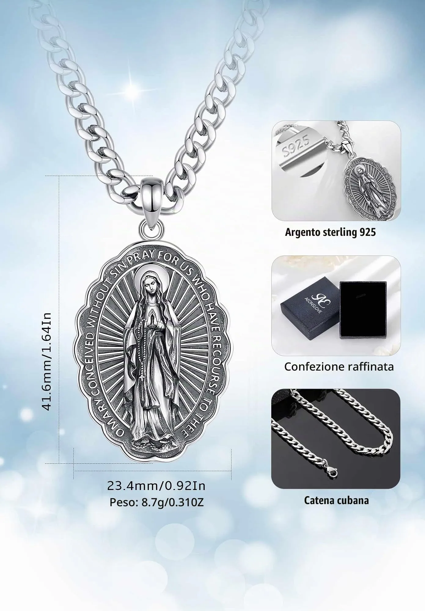 AEONSLOVE Collana Vergine Maria Argento 925 per Donna Uomo Ciondolo Medaglia Madonna Delle Grazie Gioielli Amuleto Religiosi Regalo Cristiano Cattolico - immagine 4