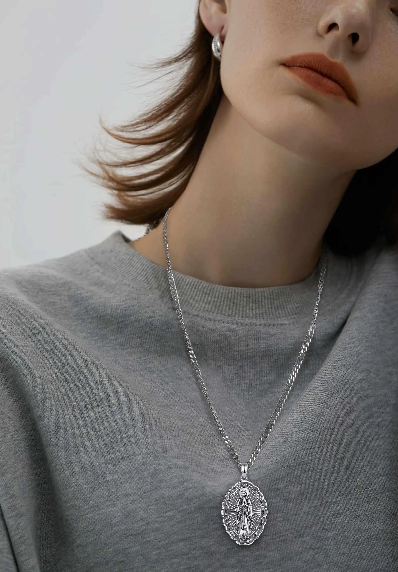 AEONSLOVE Collana Vergine Maria Argento 925 per Donna Uomo Ciondolo Medaglia Madonna Delle Grazie Gioielli Amuleto Religiosi Regalo Cristiano Cattolico - immagine 5