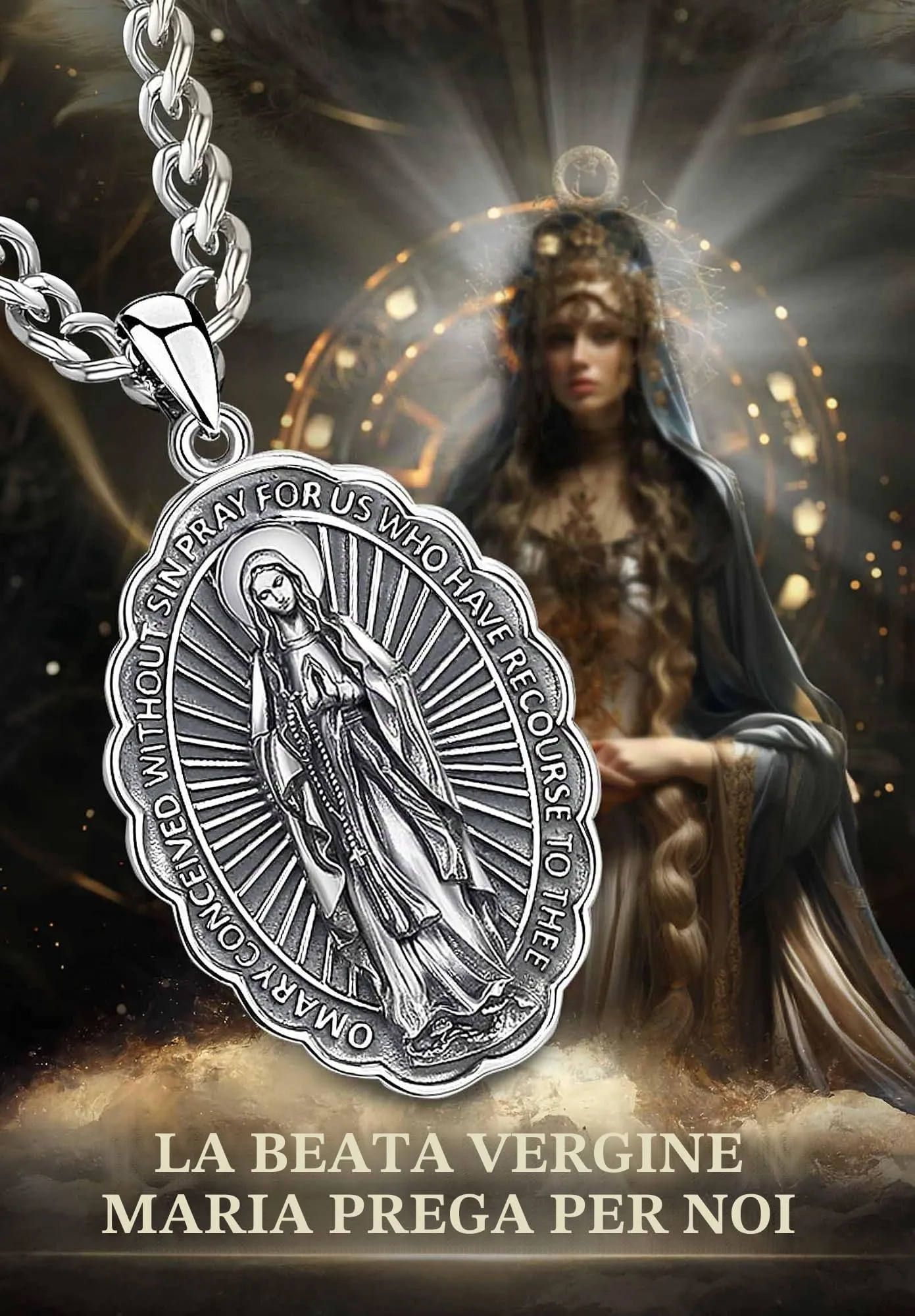 AEONSLOVE Collana Vergine Maria Argento 925 per Donna Uomo Ciondolo Medaglia Madonna Delle Grazie Gioielli Amuleto Religiosi Regalo Cristiano Cattolico - immagine 7