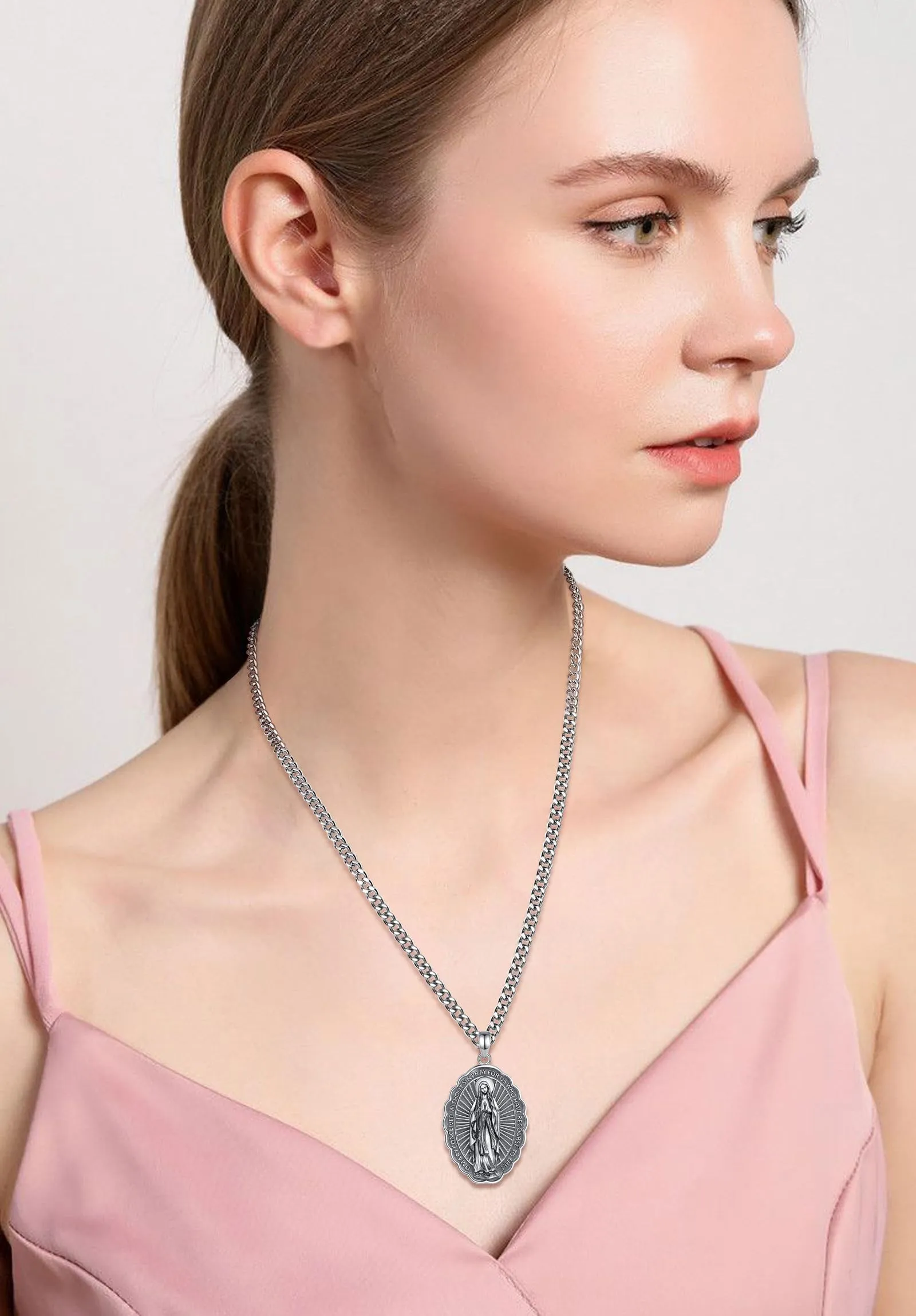AEONSLOVE Collana Vergine Maria Argento 925 per Donna Uomo Ciondolo Medaglia Madonna Delle Grazie Gioielli Amuleto Religiosi Regalo Cristiano Cattolico - immagine 8