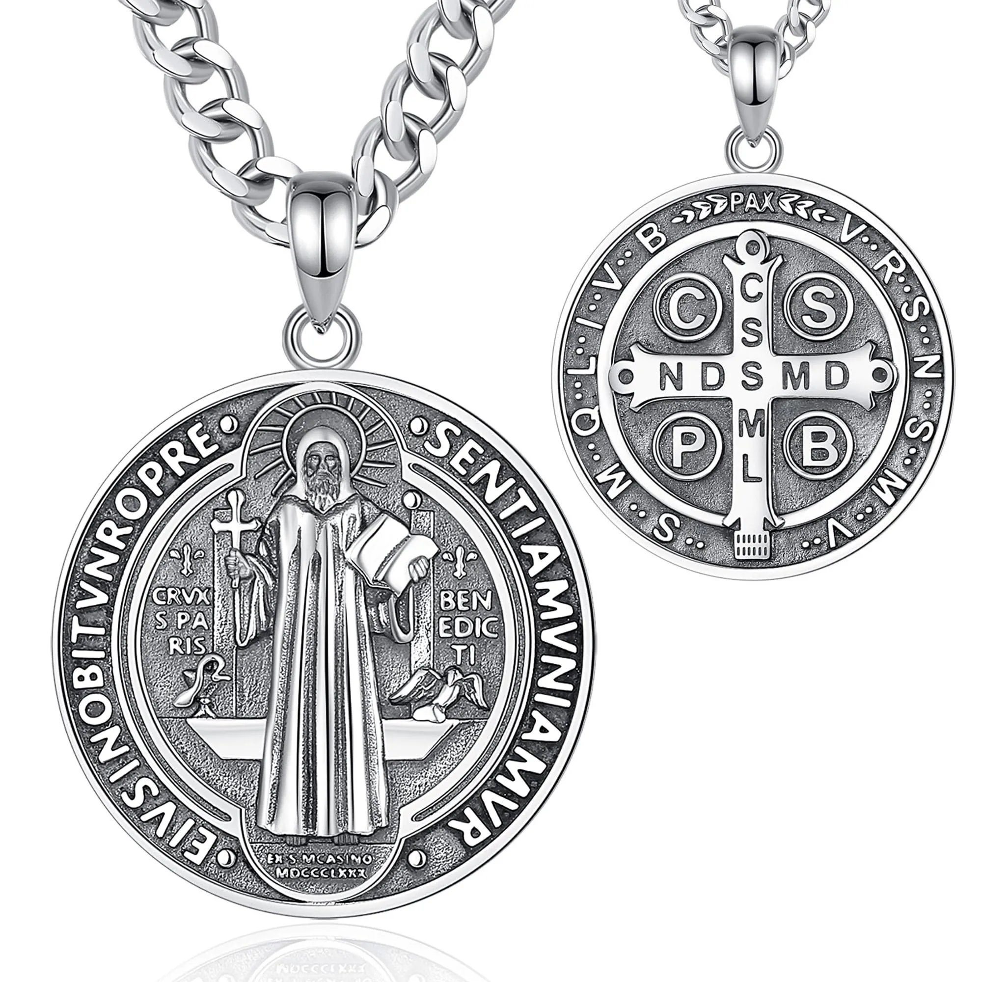 AEONSLOVE Medaglia di San Benedetto Argento 925 Uomo Donna Collana Croce di San Benedetto Ciondolo Amuleto di Protezione Cattolico Cristiani Gioielli Religiosi - immagine 1