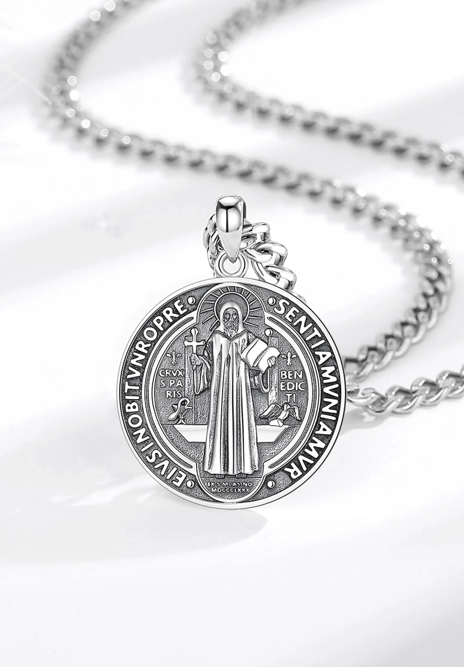 AEONSLOVE Medaglia di San Benedetto Argento 925 Uomo Donna Collana Croce di San Benedetto Ciondolo Amuleto di Protezione Cattolico Cristiani Gioielli Religiosi - immagine 2