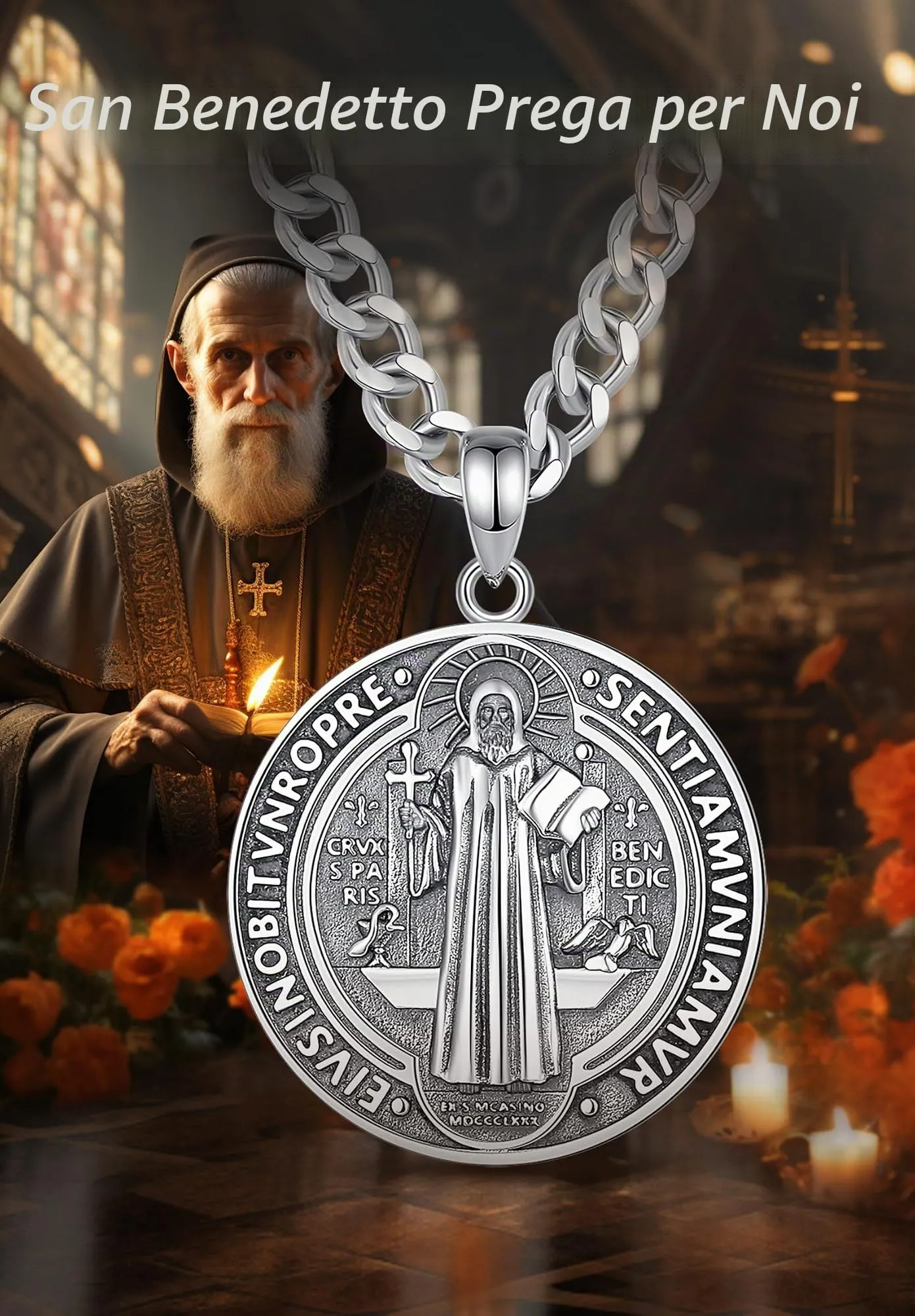 AEONSLOVE Medaglia di San Benedetto Argento 925 Uomo Donna Collana Croce di San Benedetto Ciondolo Amuleto di Protezione Cattolico Cristiani Gioielli Religiosi - immagine 4