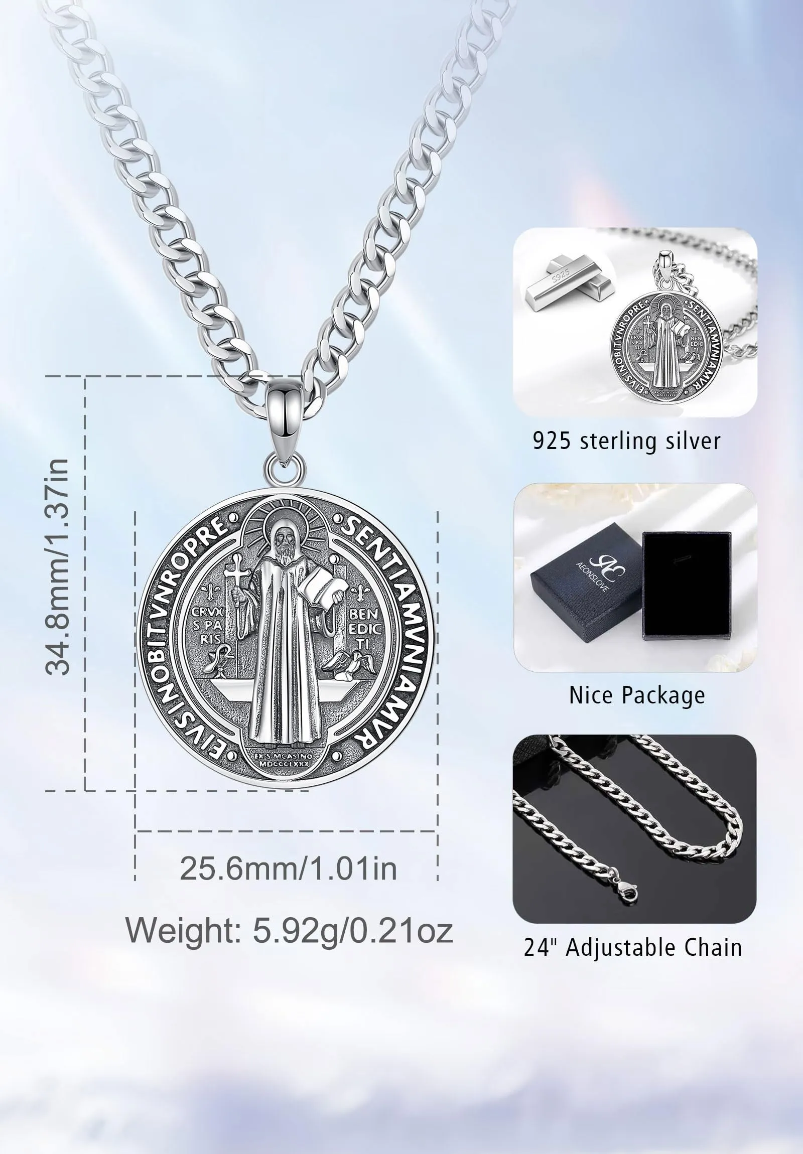 AEONSLOVE Medaglia di San Benedetto Argento 925 Uomo Donna Collana Croce di San Benedetto Ciondolo Amuleto di Protezione Cattolico Cristiani Gioielli Religiosi - immagine 8