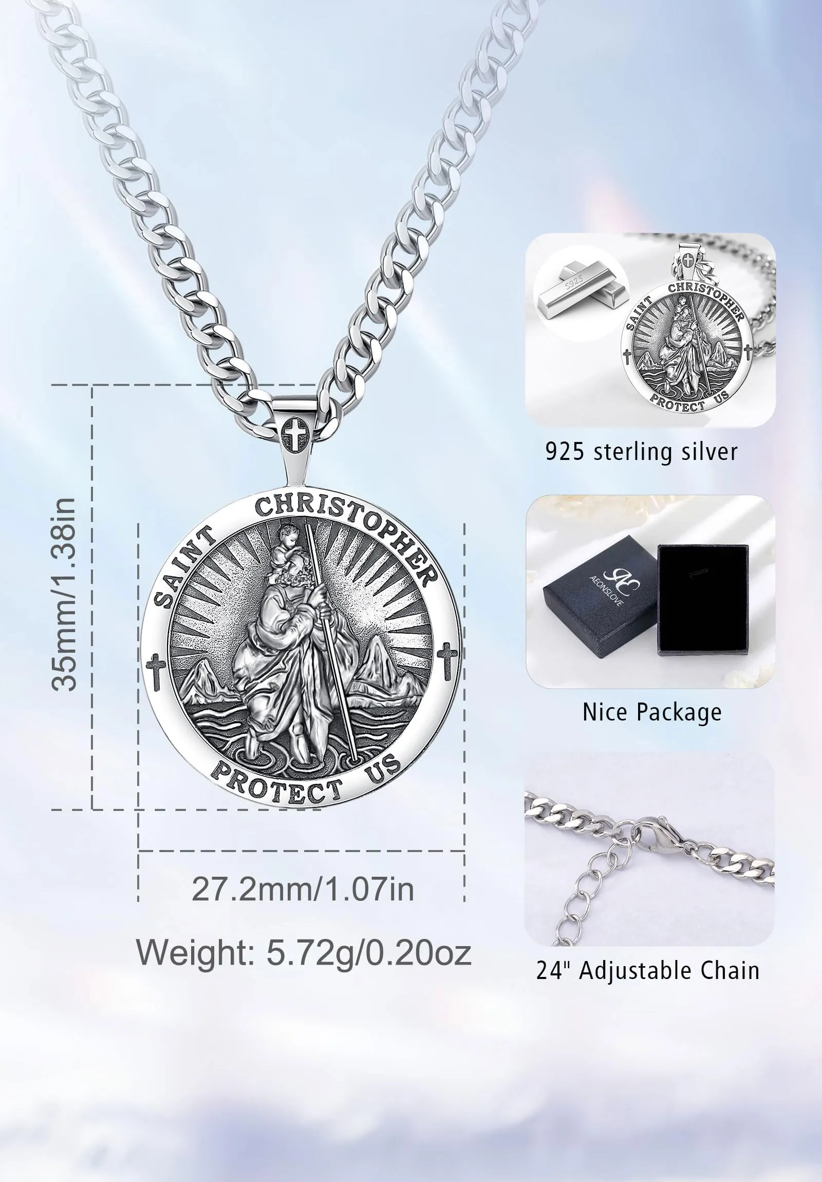 AEONSLOVE Medaglia San Cristoforo Argento 925 Uomo Donna Collana San Cristoforo Ciondolo Protettore degli Automobilisti Amuleto Cattolico Cristiani Gioielli Religiosi - immagine 7