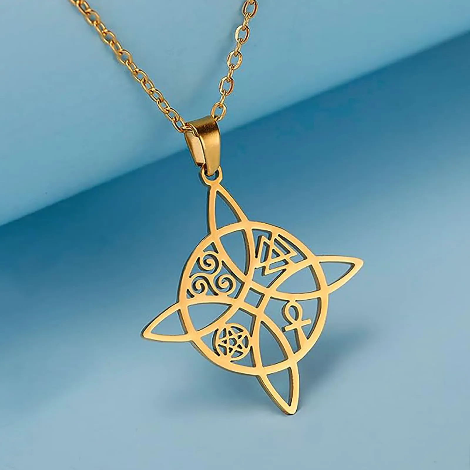 unift Collana di Nodi Delle Streghe per le Donne in Acciaio Inox Irlandese a 4 Punte Ciondolo Nodo Celtico Moda Charm Magick Gioielli (Oro 7) - immagine 4