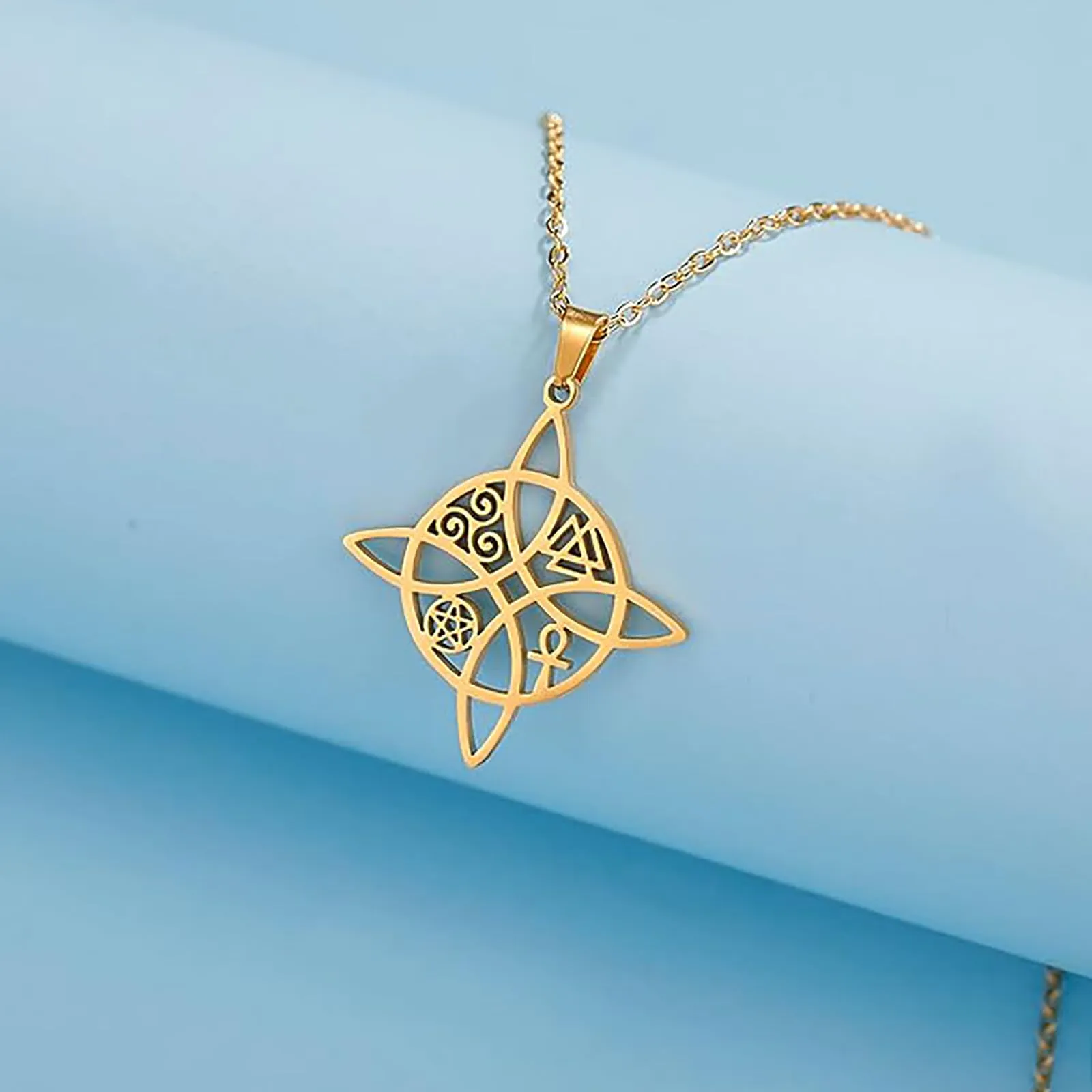 unift Collana di Nodi Delle Streghe per le Donne in Acciaio Inox Irlandese a 4 Punte Ciondolo Nodo Celtico Moda Charm Magick Gioielli (Oro 7) - immagine 5