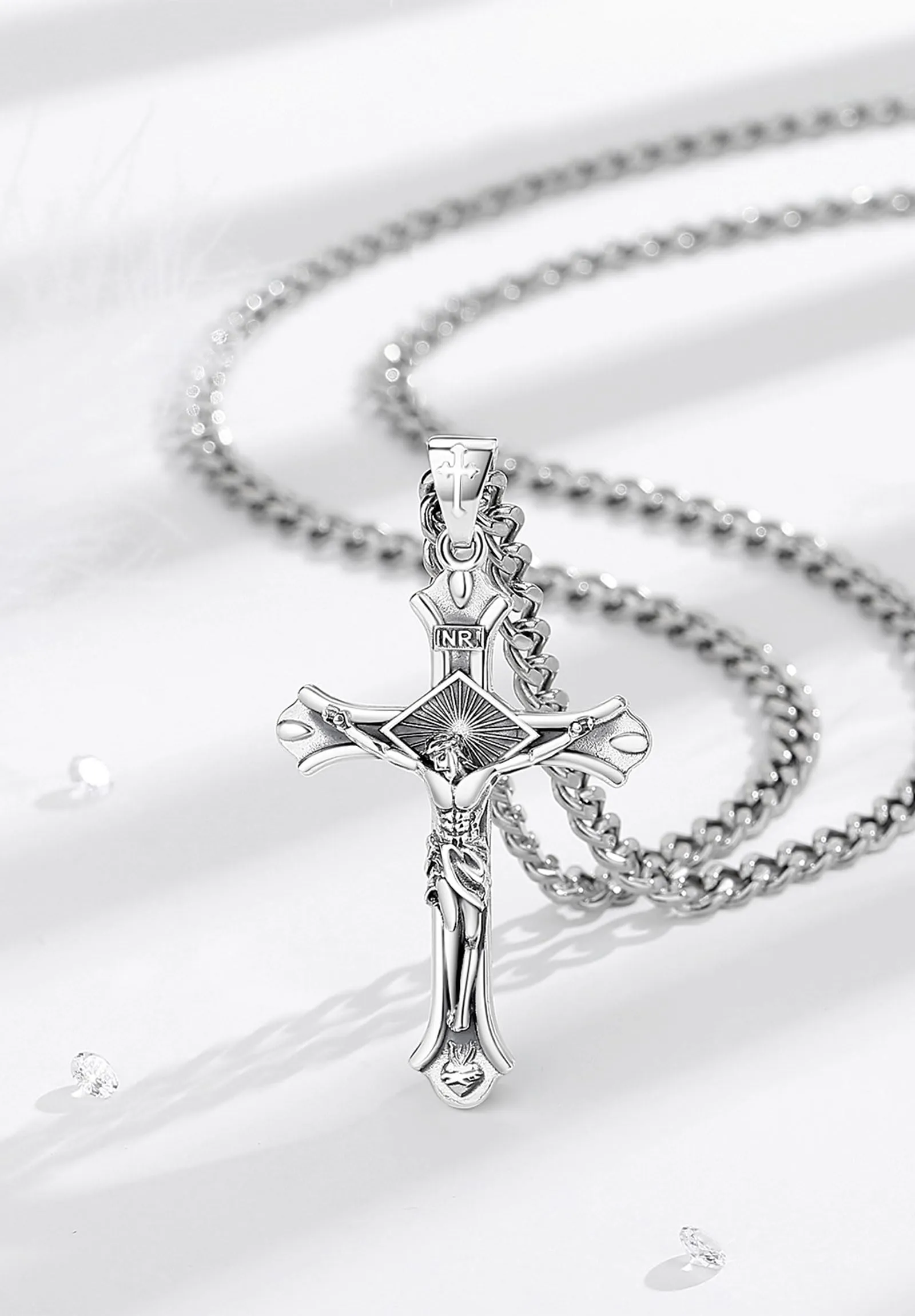 AEONSLOVE Collana Crocifisso Uomo Ciondolo Croce Cristiana Argento 925 per Uomo Donna Collana Croce con Gesù Cristo Amuleto di Protezione Cattolico Cristiani Gioielli Religiosi - immagine 2