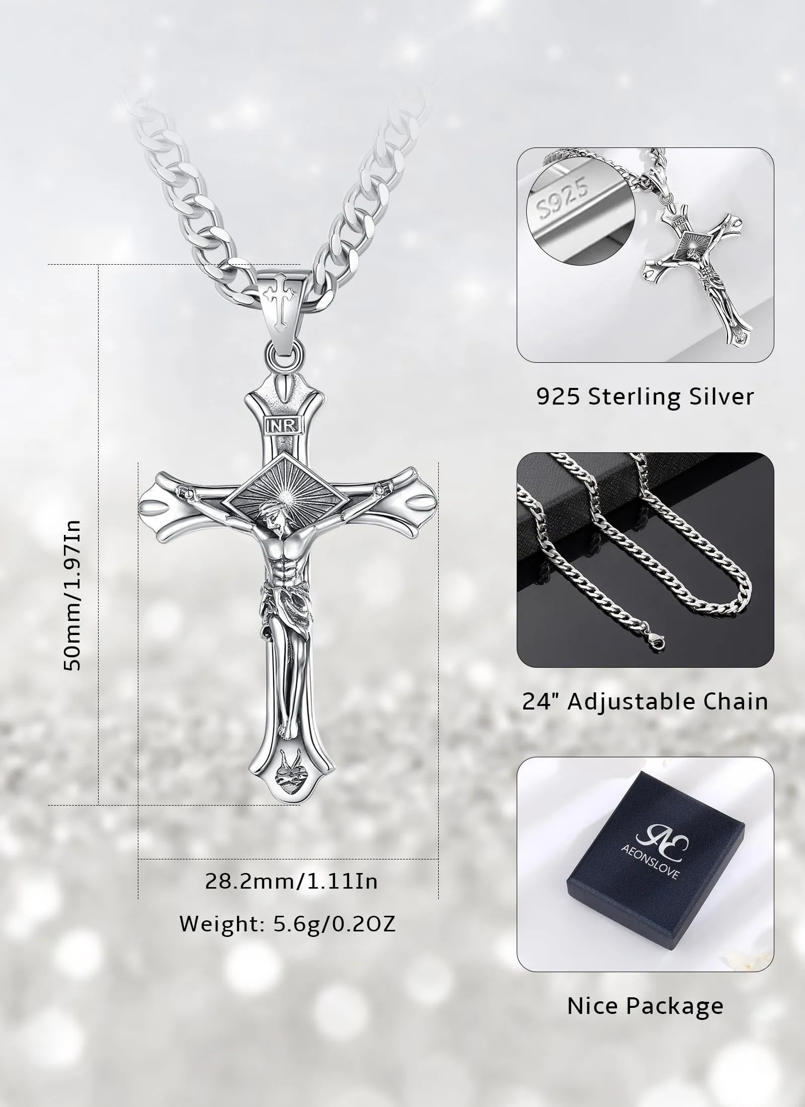AEONSLOVE Collana Crocifisso Uomo Ciondolo Croce Cristiana Argento 925 per Uomo Donna Collana Croce con Gesù Cristo Amuleto di Protezione Cattolico Cristiani Gioielli Religiosi - immagine 4
