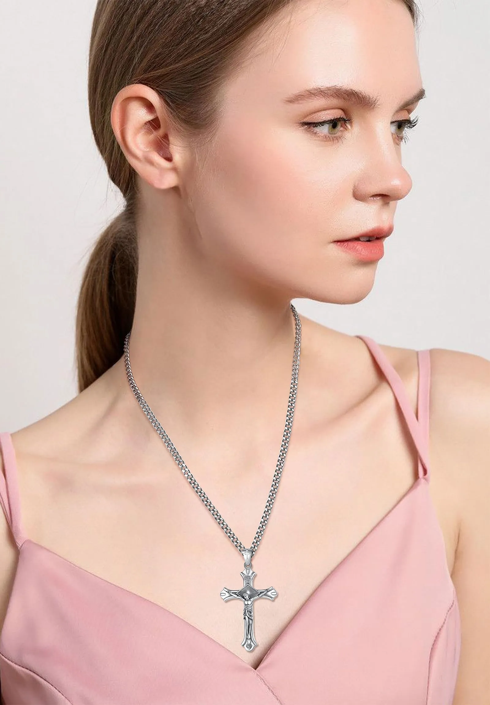 AEONSLOVE Collana Crocifisso Uomo Ciondolo Croce Cristiana Argento 925 per Uomo Donna Collana Croce con Gesù Cristo Amuleto di Protezione Cattolico Cristiani Gioielli Religiosi - immagine 8
