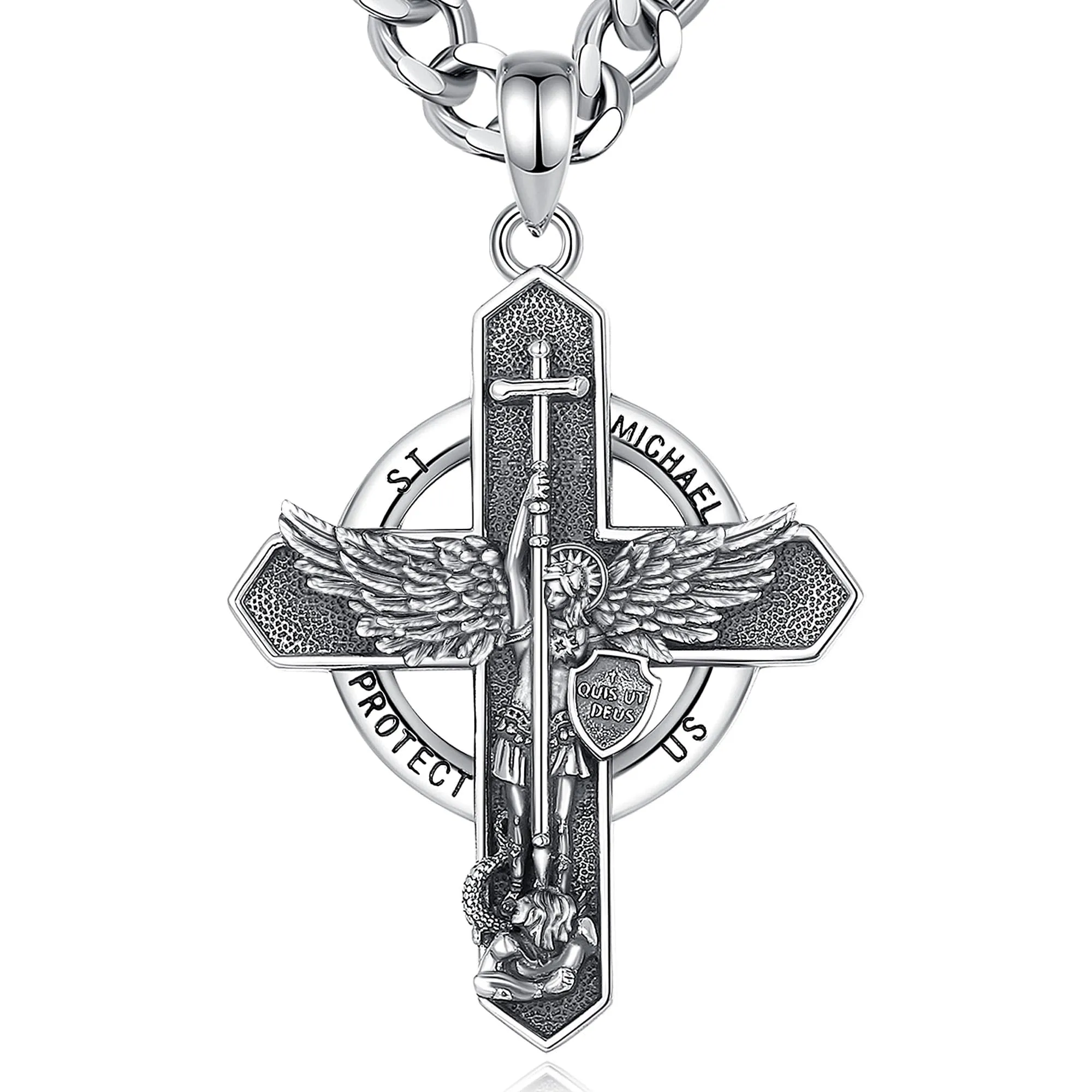 AEONSLOVE Medaglia San Michele Arcangelo Collana San Michele Argento 925 Uomo Donna Ciondolo Arcangelo Michele con Croce Gioielli Amuleto di Protezione Religioso Regalo Cristiano Cattolico - immagine 1