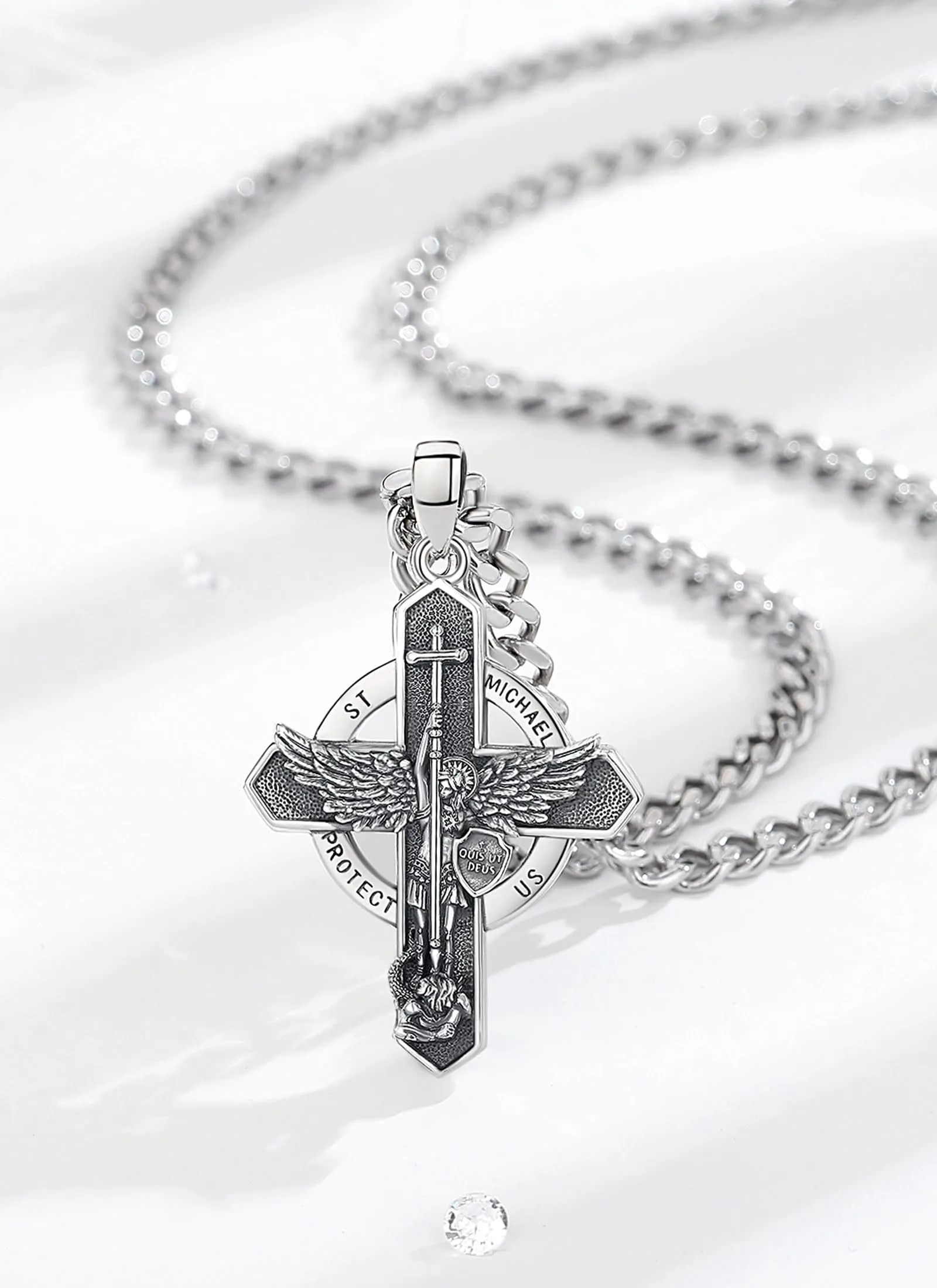 AEONSLOVE Medaglia San Michele Arcangelo Collana San Michele Argento 925 Uomo Donna Ciondolo Arcangelo Michele con Croce Gioielli Amuleto di Protezione Religioso Regalo Cristiano Cattolico - immagine 2