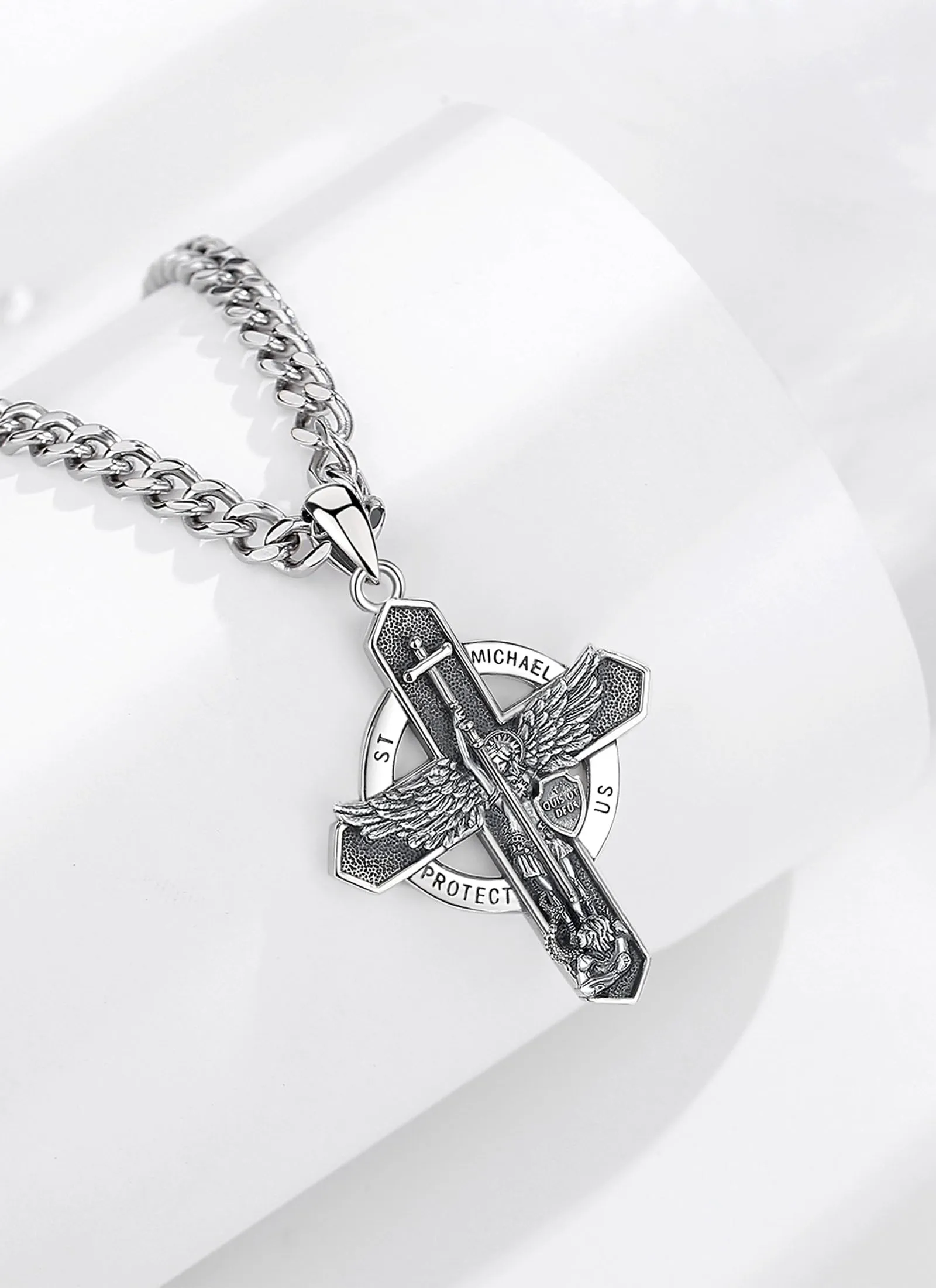 AEONSLOVE Medaglia San Michele Arcangelo Collana San Michele Argento 925 Uomo Donna Ciondolo Arcangelo Michele con Croce Gioielli Amuleto di Protezione Religioso Regalo Cristiano Cattolico - immagine 3