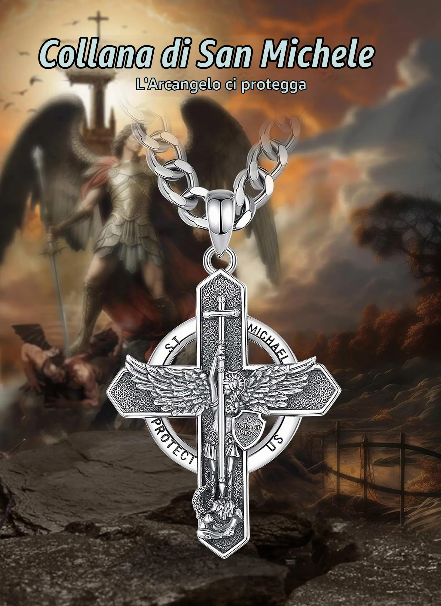 AEONSLOVE Medaglia San Michele Arcangelo Collana San Michele Argento 925 Uomo Donna Ciondolo Arcangelo Michele con Croce Gioielli Amuleto di Protezione Religioso Regalo Cristiano Cattolico - immagine 4