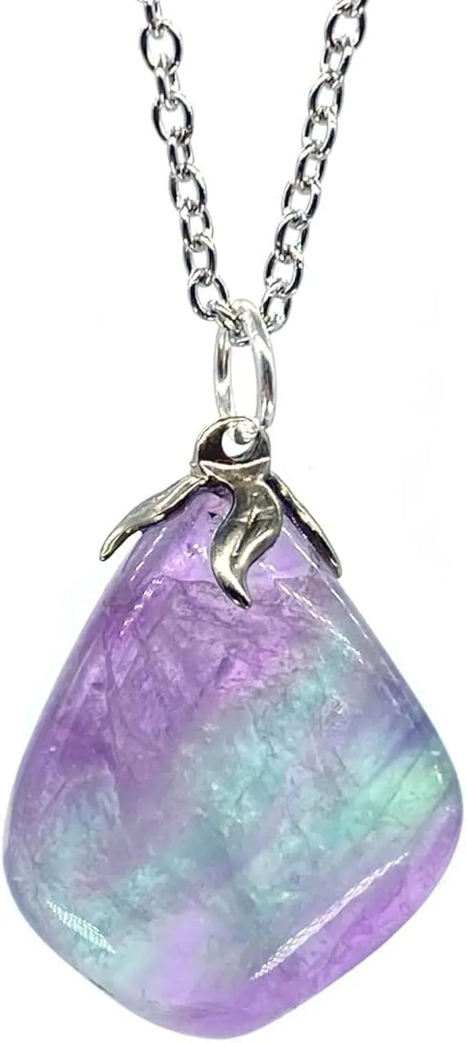 TENET - Ciondolo pendente con pietra dura vera minerale e catenina in acciaio insossidabile (FLUORITE EXTRA) - immagine 1
