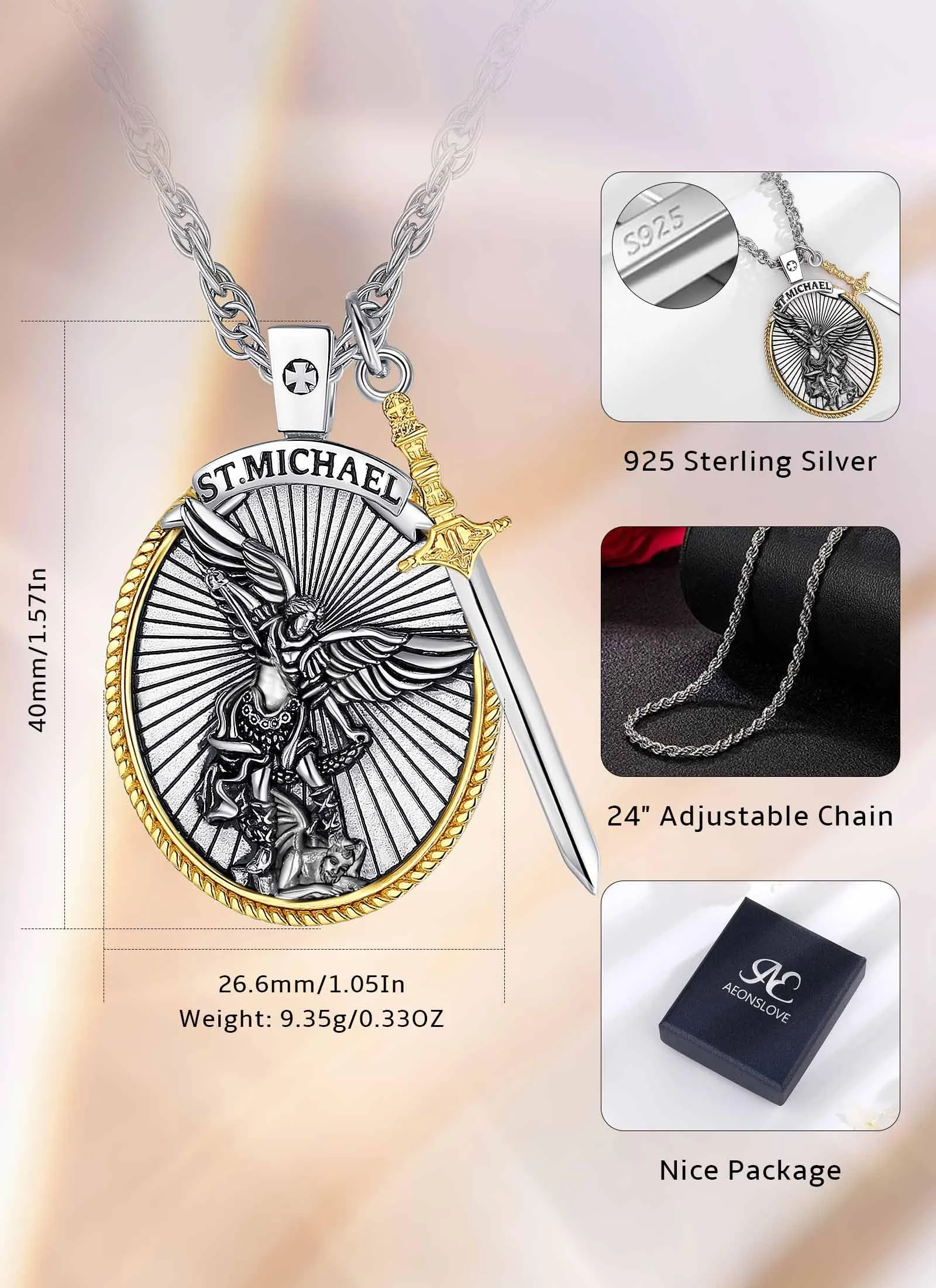 AEONSLOVE Medaglia San Michele Arcangelo Collana San Michele Argento 925 Uomo Donna Ciondolo Arcangelo Michele con Spada dell'Arcangelo Gioielli Religioso Regalo Cristiano Cattolico - immagine 4