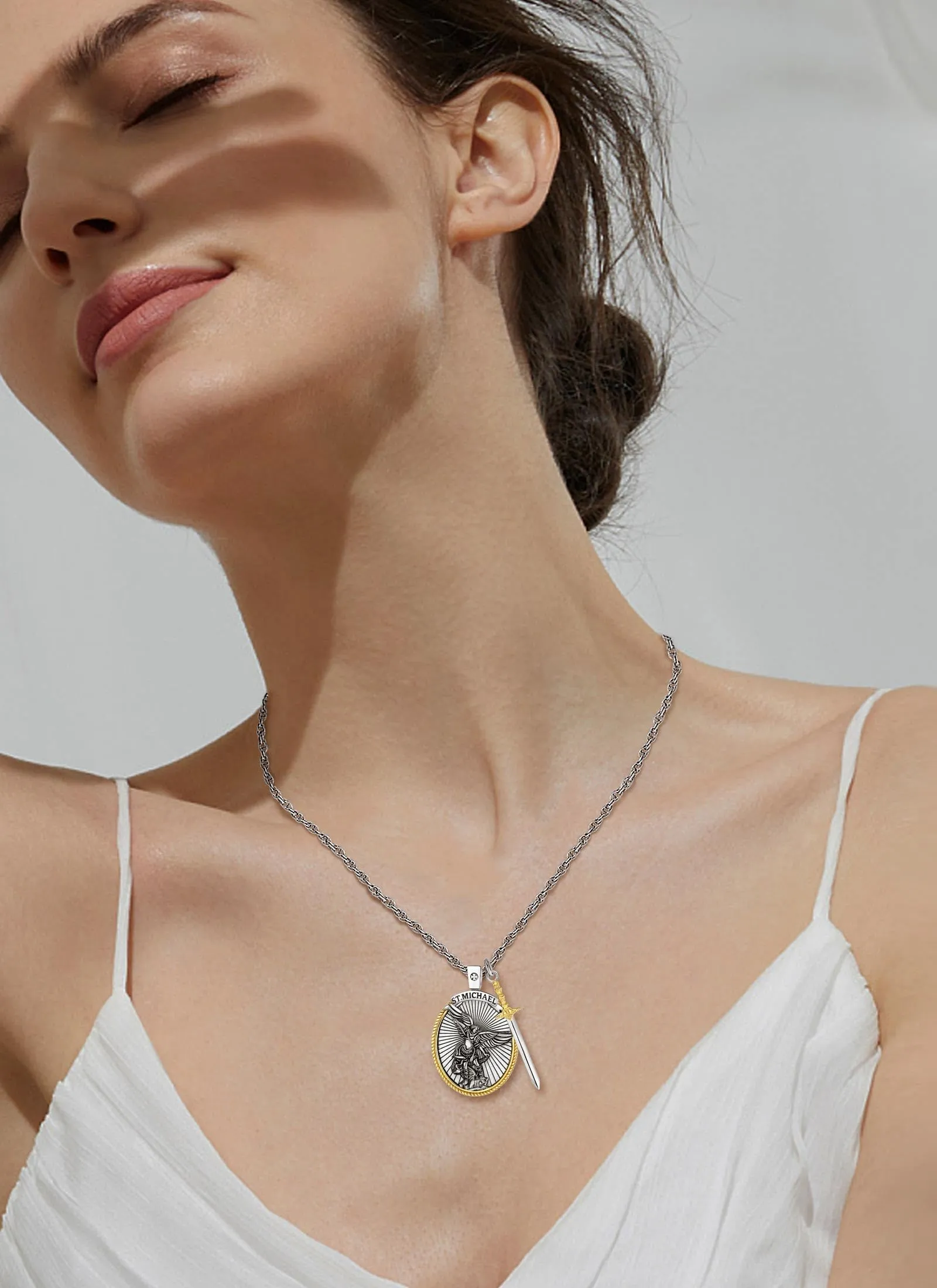 AEONSLOVE Medaglia San Michele Arcangelo Collana San Michele Argento 925 Uomo Donna Ciondolo Arcangelo Michele con Spada dell'Arcangelo Gioielli Religioso Regalo Cristiano Cattolico - immagine 6