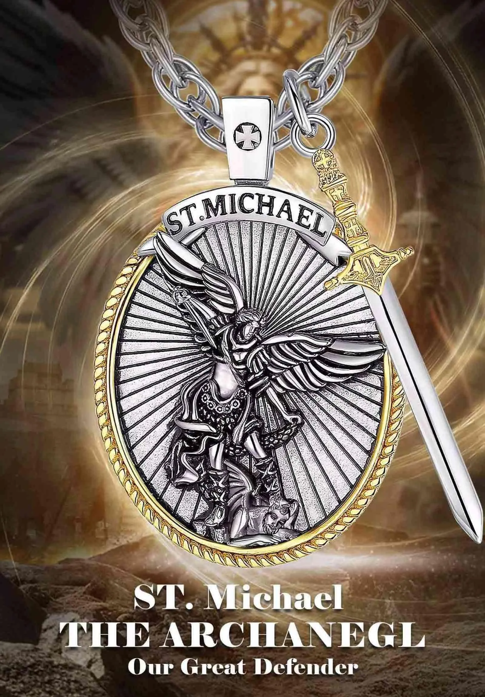 AEONSLOVE Medaglia San Michele Arcangelo Collana San Michele Argento 925 Uomo Donna Ciondolo Arcangelo Michele con Spada dell'Arcangelo Gioielli Religioso Regalo Cristiano Cattolico - immagine 7
