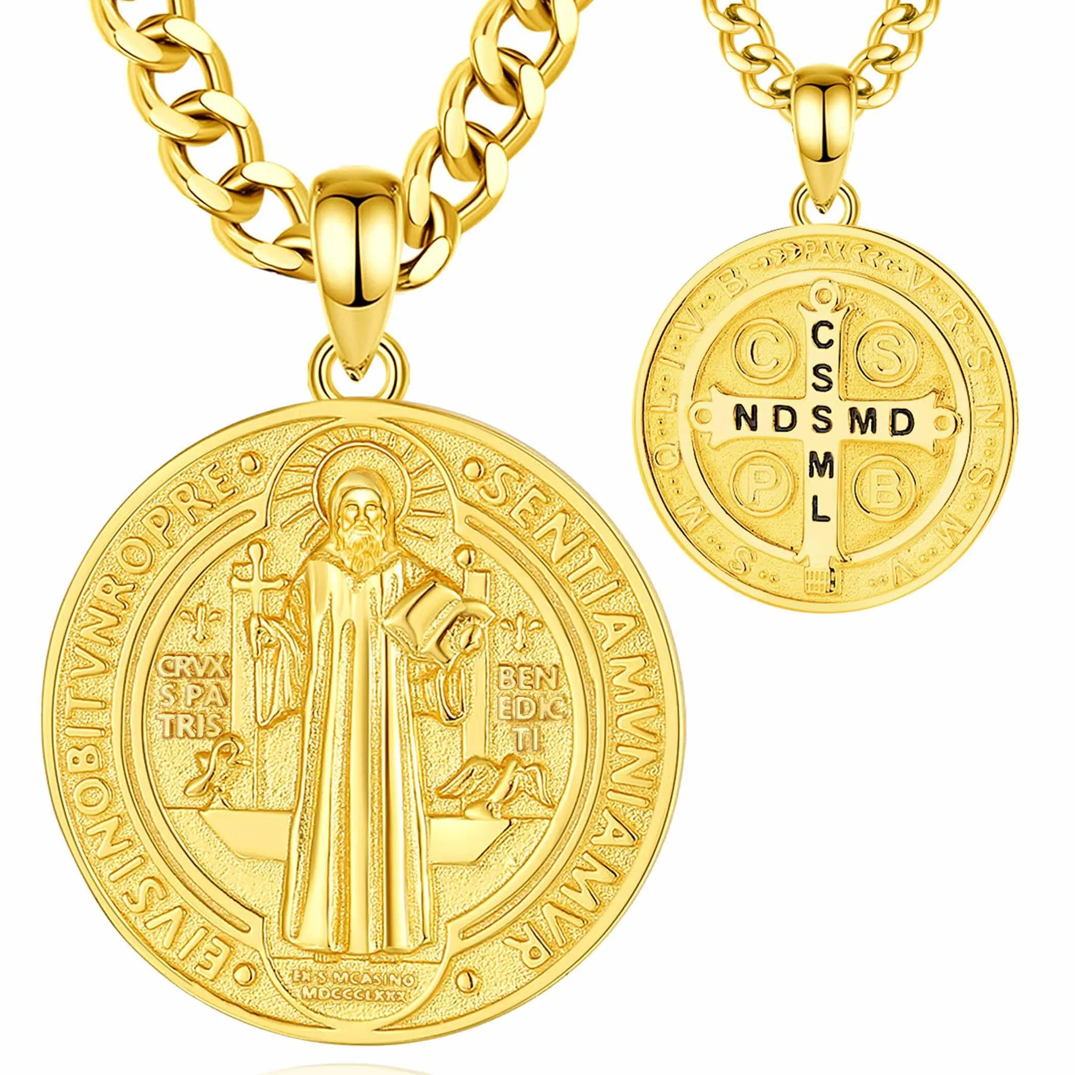 AEONSLOVE Medaglia di San Benedetto Argento 925 Uomo Donna Collana Croce di San Benedetto Ciondolo Amuleto di Protezione Cattolico Cristiani Gioielli Religiosi (oro) - immagine 1