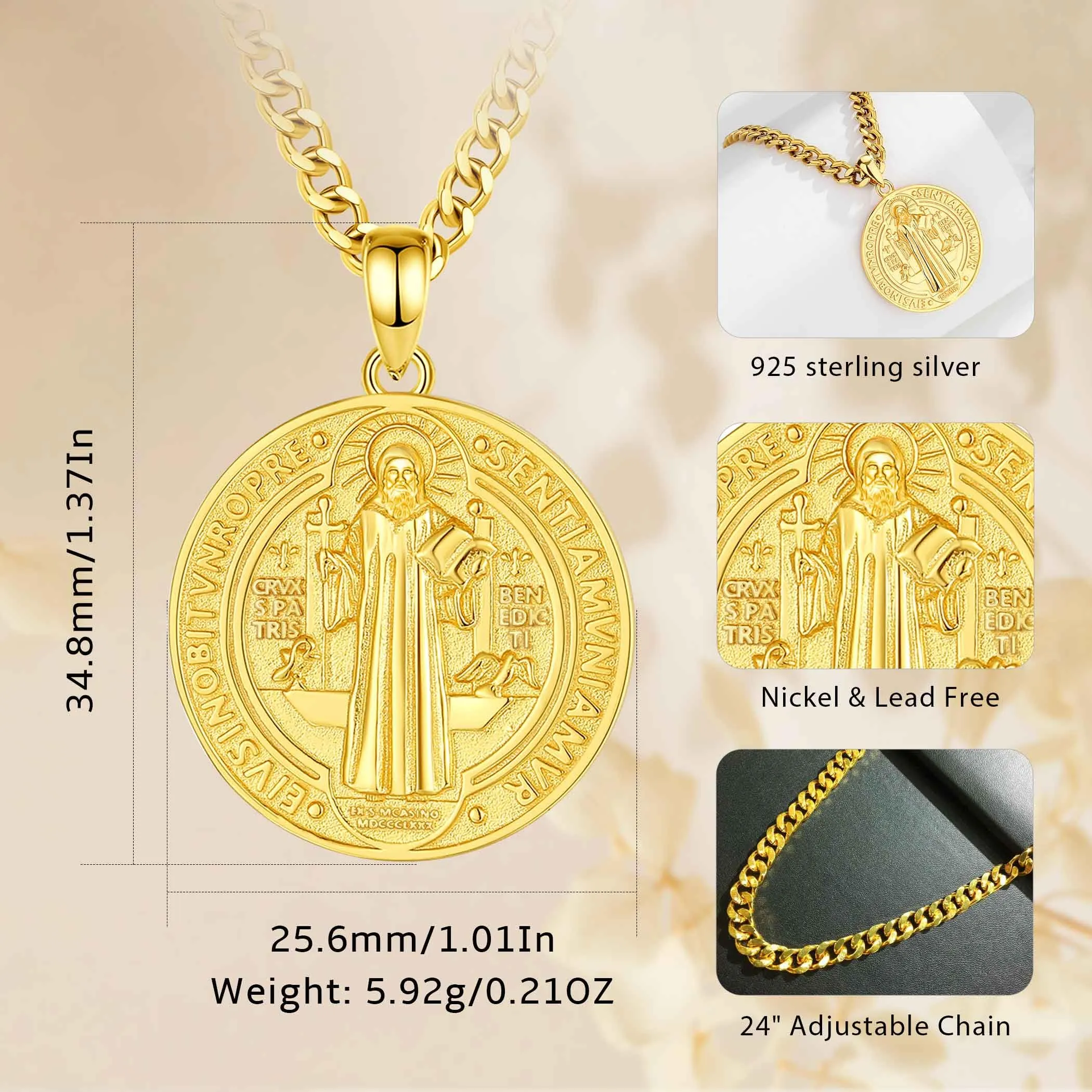 AEONSLOVE Medaglia di San Benedetto Argento 925 Uomo Donna Collana Croce di San Benedetto Ciondolo Amuleto di Protezione Cattolico Cristiani Gioielli Religiosi (oro) - immagine 4