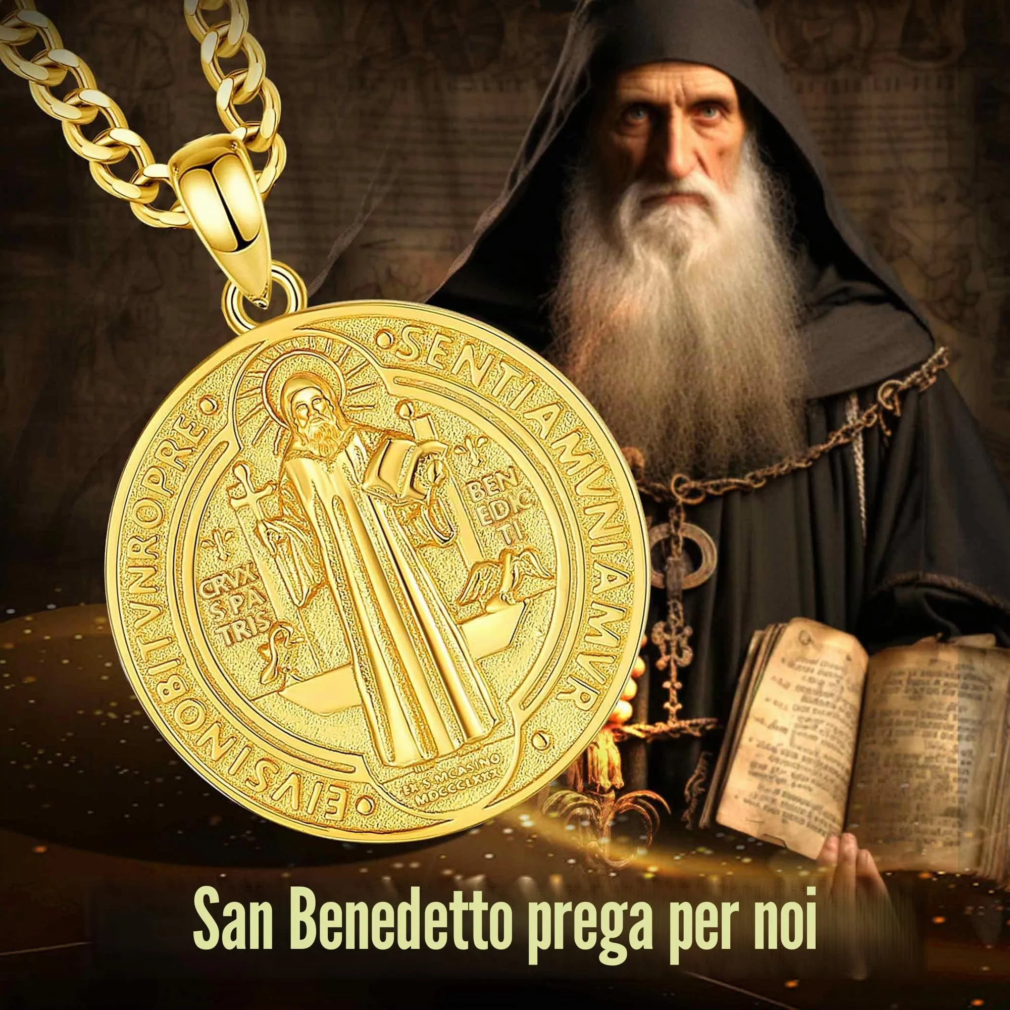 AEONSLOVE Medaglia di San Benedetto Argento 925 Uomo Donna Collana Croce di San Benedetto Ciondolo Amuleto di Protezione Cattolico Cristiani Gioielli Religiosi (oro) - immagine 7