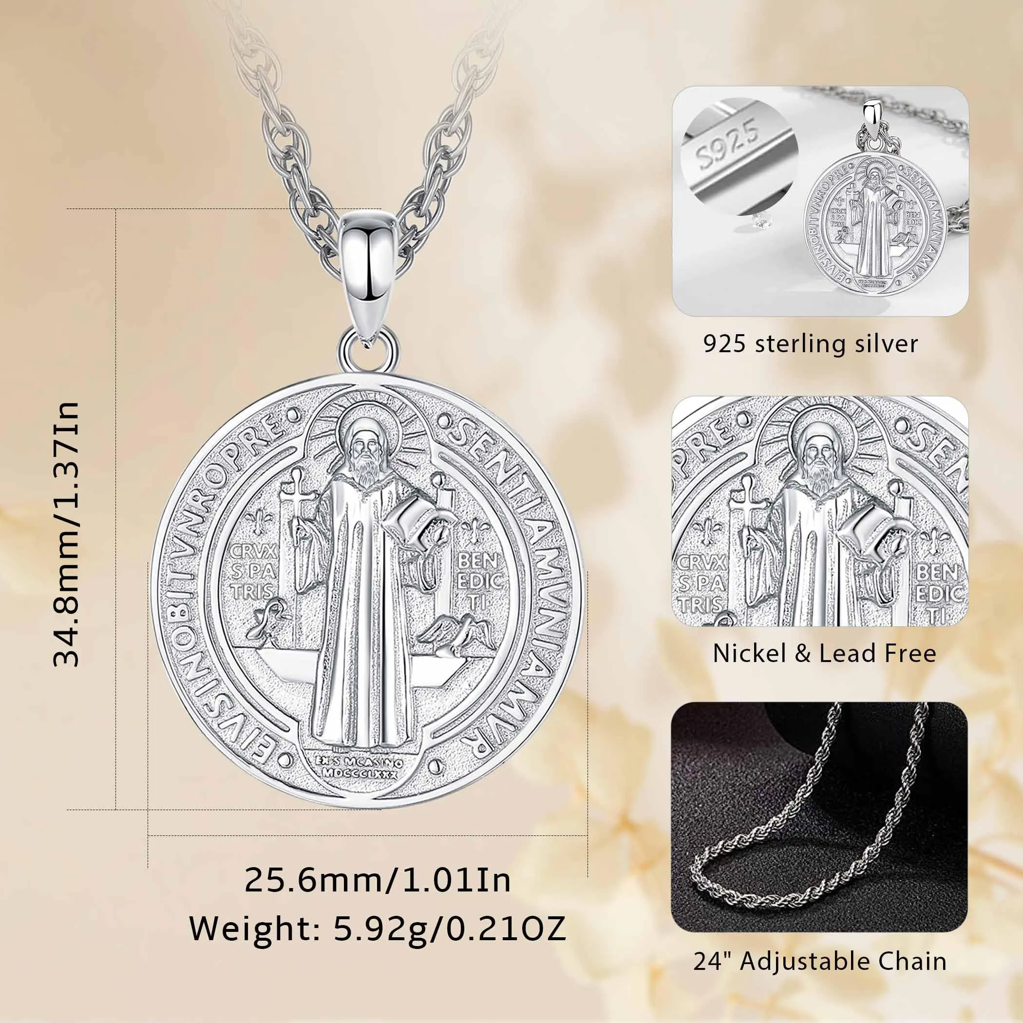 AEONSLOVE Medaglia di San Benedetto Argento 925 Uomo Donna Collana Croce di San Benedetto Ciondolo Amuleto di Protezione Cattolico Cristiani Gioielli Religiosi (argento) - immagine 4