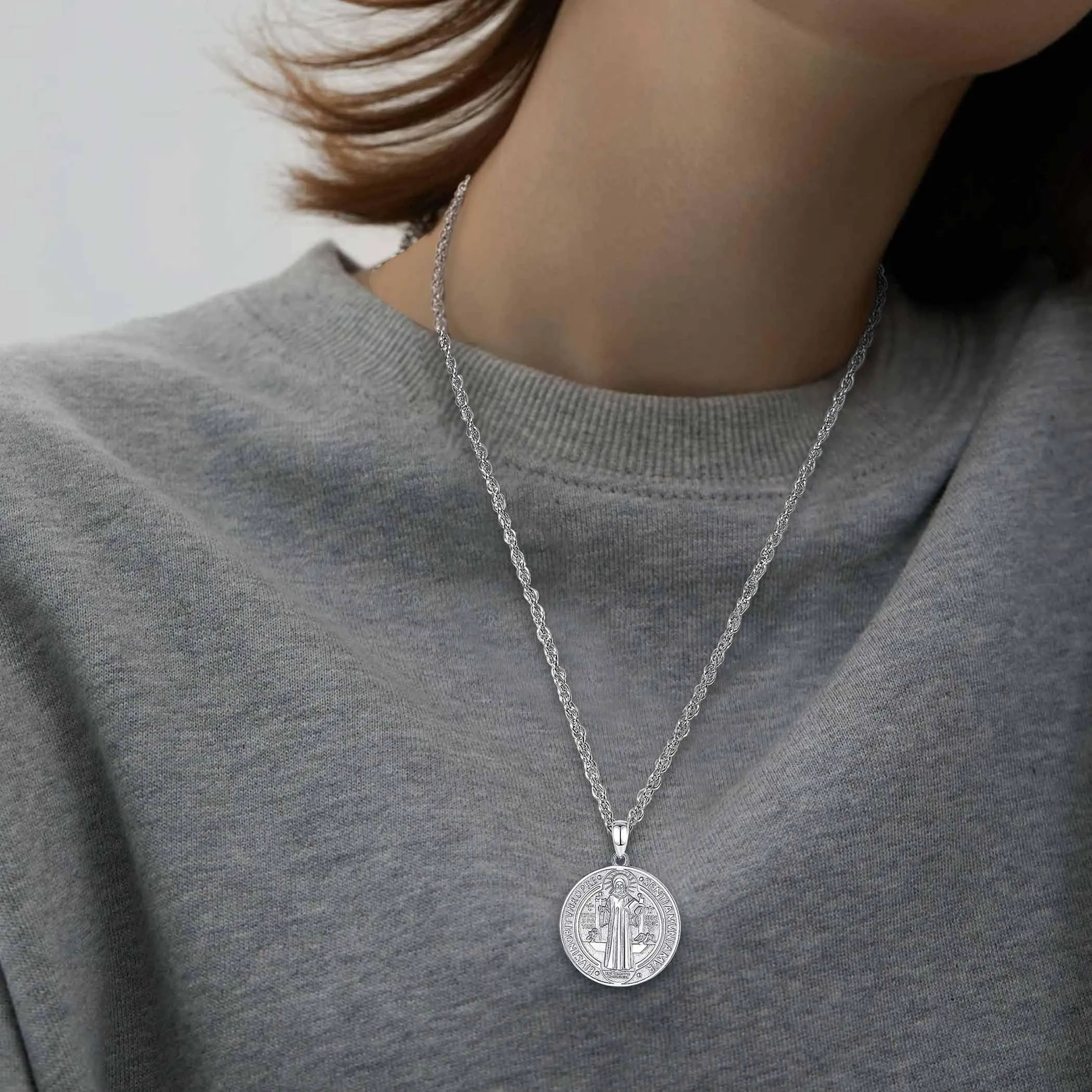 AEONSLOVE Medaglia di San Benedetto Argento 925 Uomo Donna Collana Croce di San Benedetto Ciondolo Amuleto di Protezione Cattolico Cristiani Gioielli Religiosi (argento) - immagine 5
