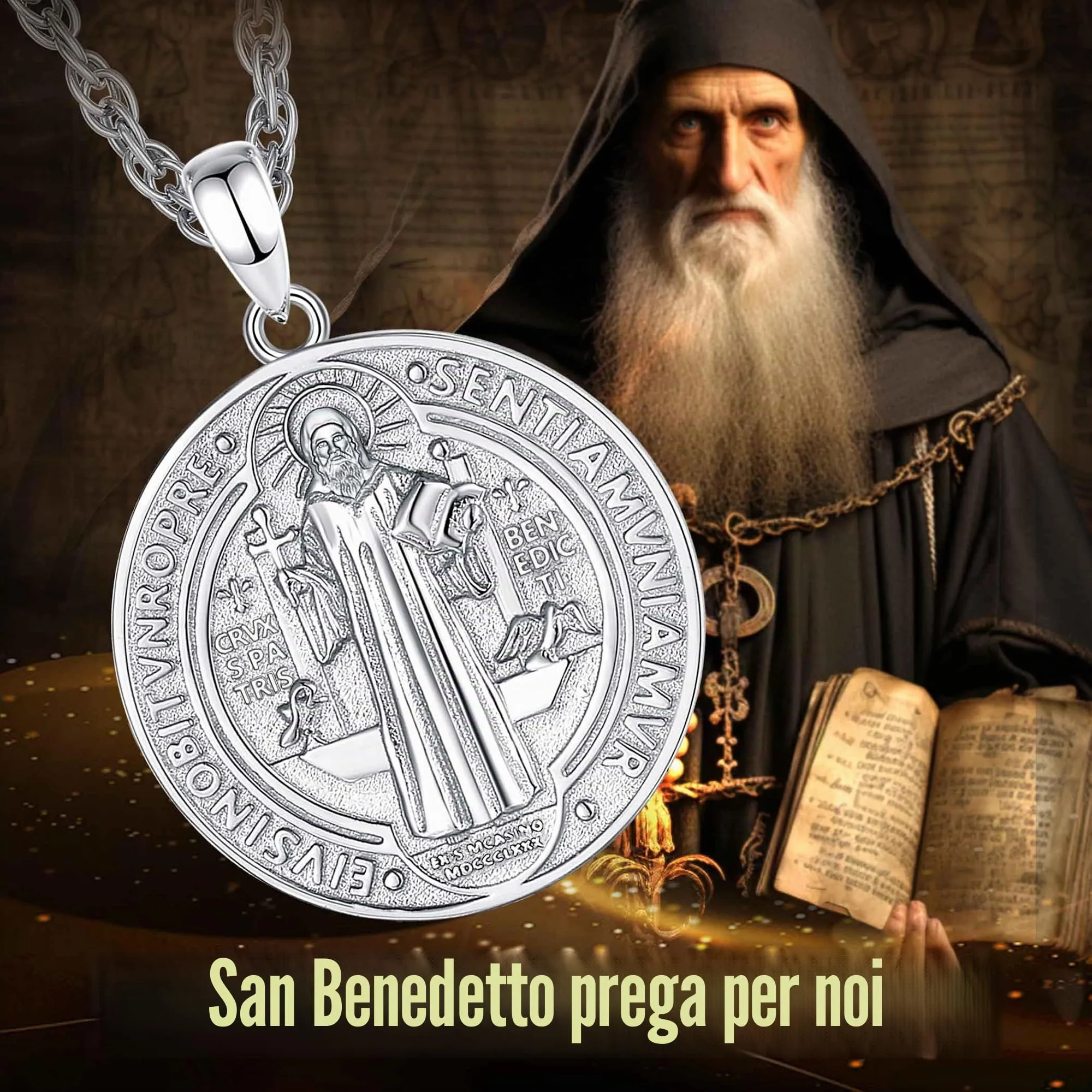 AEONSLOVE Medaglia di San Benedetto Argento 925 Uomo Donna Collana Croce di San Benedetto Ciondolo Amuleto di Protezione Cattolico Cristiani Gioielli Religiosi (argento) - immagine 7