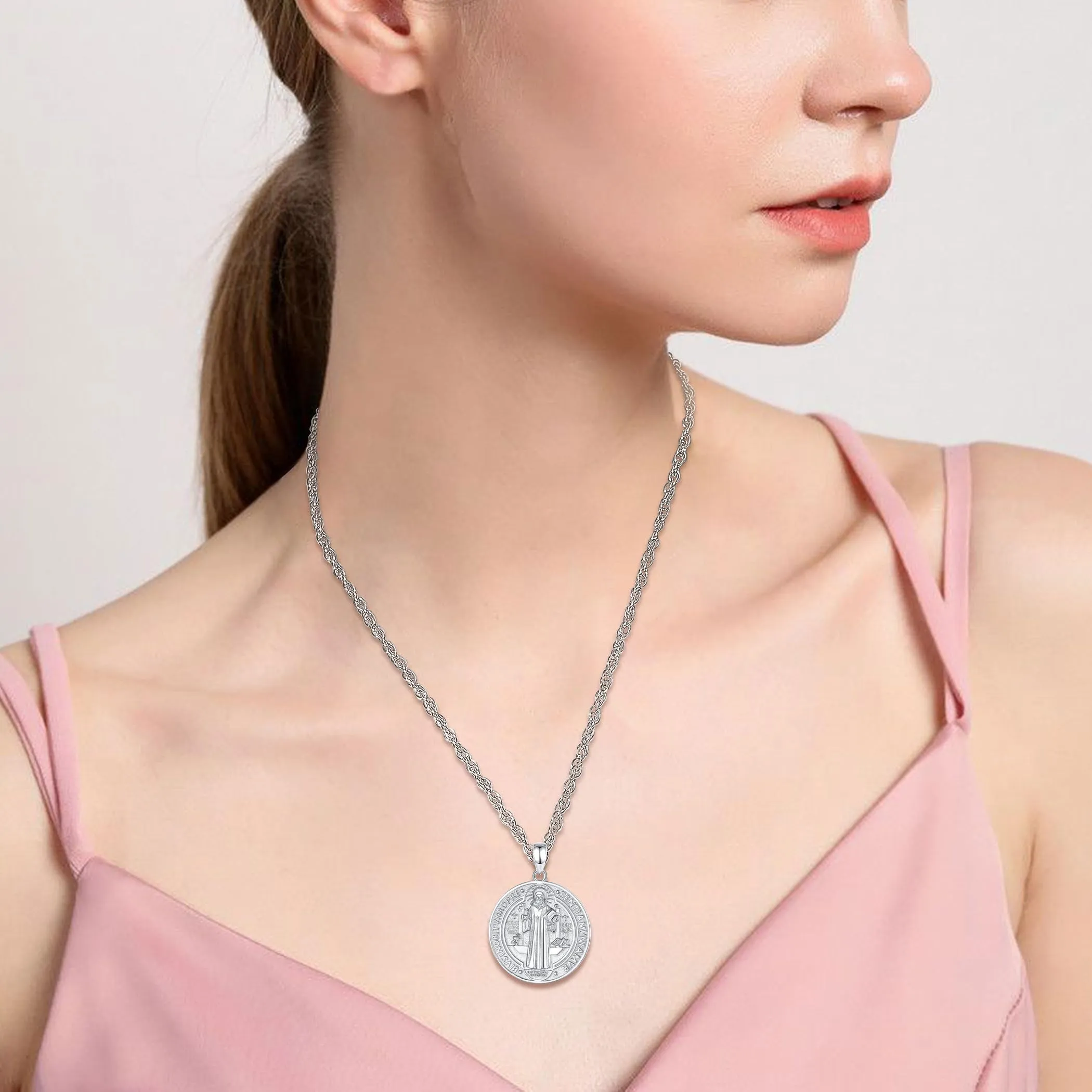 AEONSLOVE Medaglia di San Benedetto Argento 925 Uomo Donna Collana Croce di San Benedetto Ciondolo Amuleto di Protezione Cattolico Cristiani Gioielli Religiosi (argento) - immagine 8