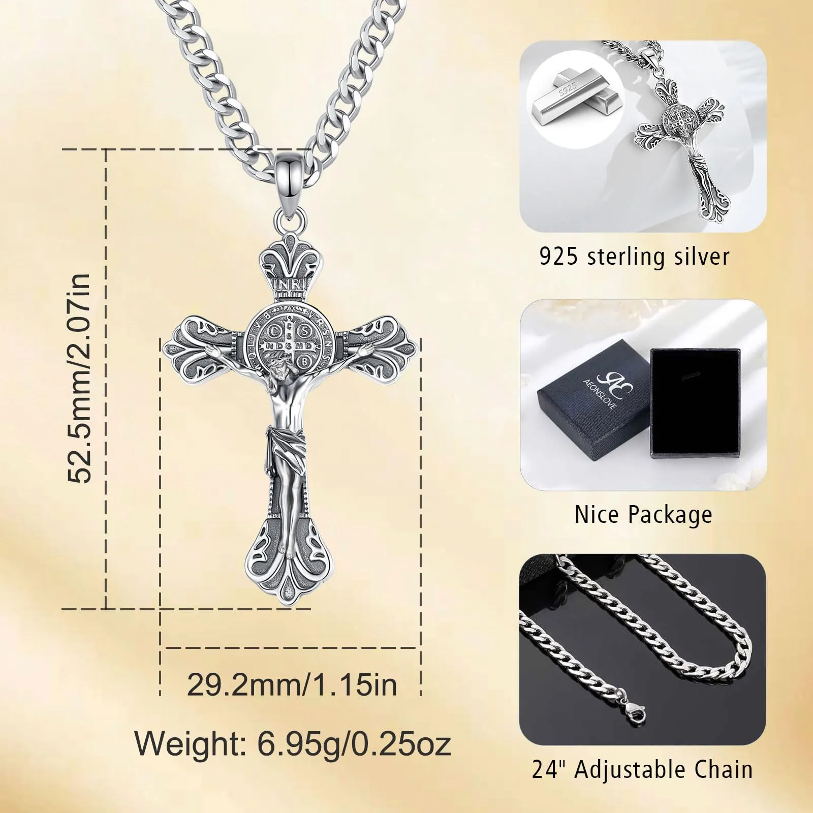 AEONSLOVE Collana Crocifisso Uomo Argento 925 Medaglia San Benedetto Argento Ciondolo Croce Cristiana Croce di San Benedetto Collana con Croce Gesù Cristo Gioielli Cattolico Cattolico Cristiani - immagine 4
