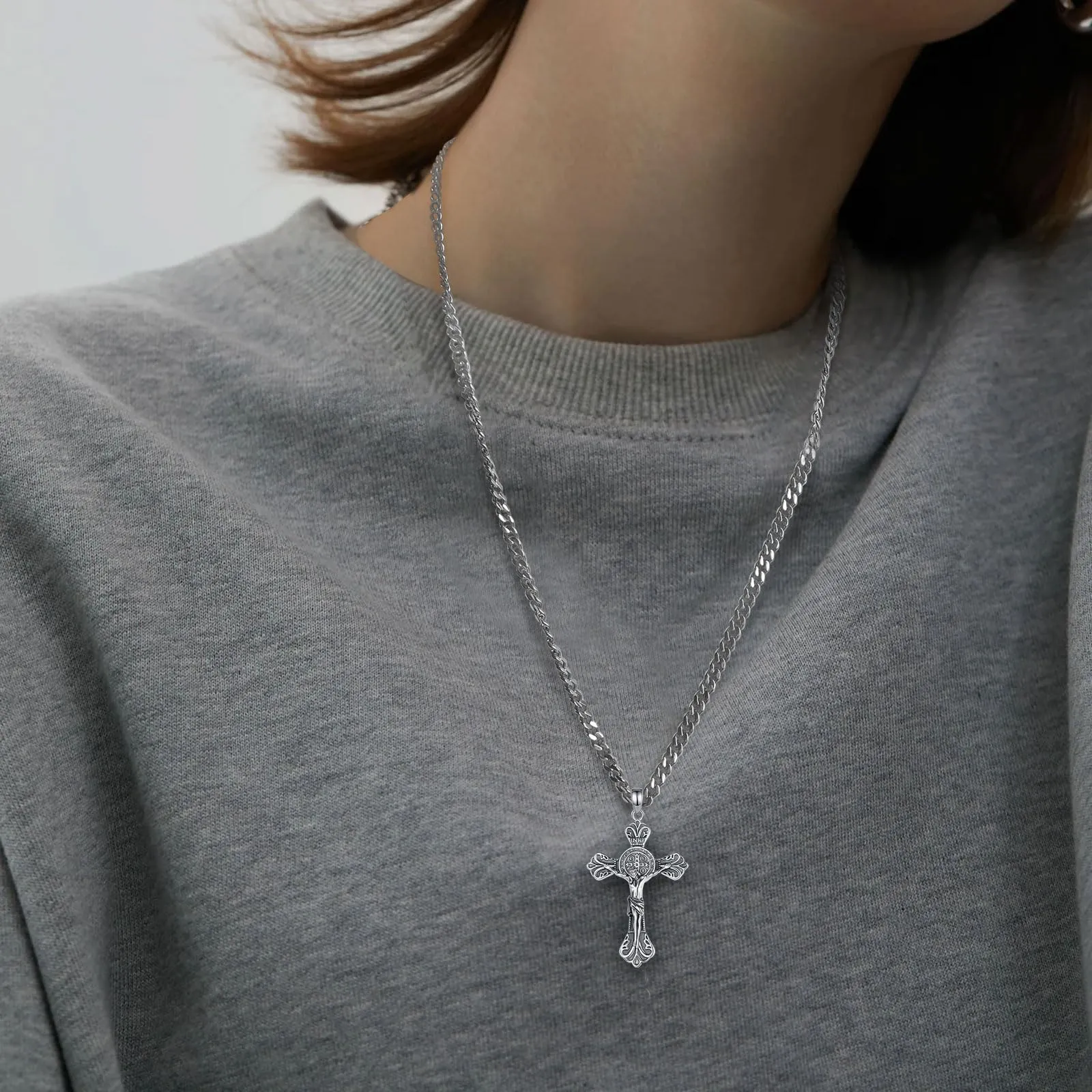AEONSLOVE Collana Crocifisso Uomo Argento 925 Medaglia San Benedetto Argento Ciondolo Croce Cristiana Croce di San Benedetto Collana con Croce Gesù Cristo Gioielli Cattolico Cattolico Cristiani - immagine 6