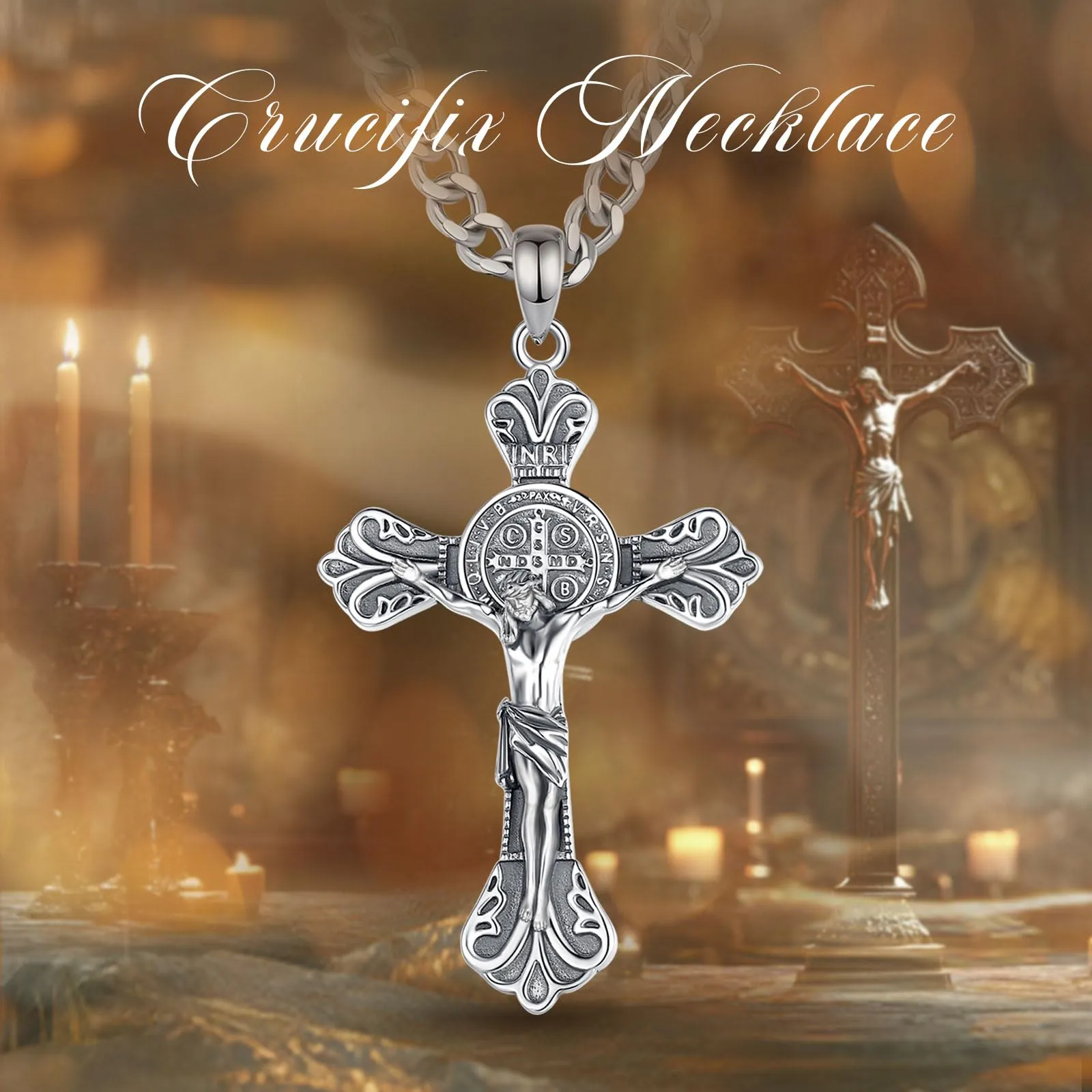 AEONSLOVE Collana Crocifisso Uomo Argento 925 Medaglia San Benedetto Argento Ciondolo Croce Cristiana Croce di San Benedetto Collana con Croce Gesù Cristo Gioielli Cattolico Cattolico Cristiani - immagine 7