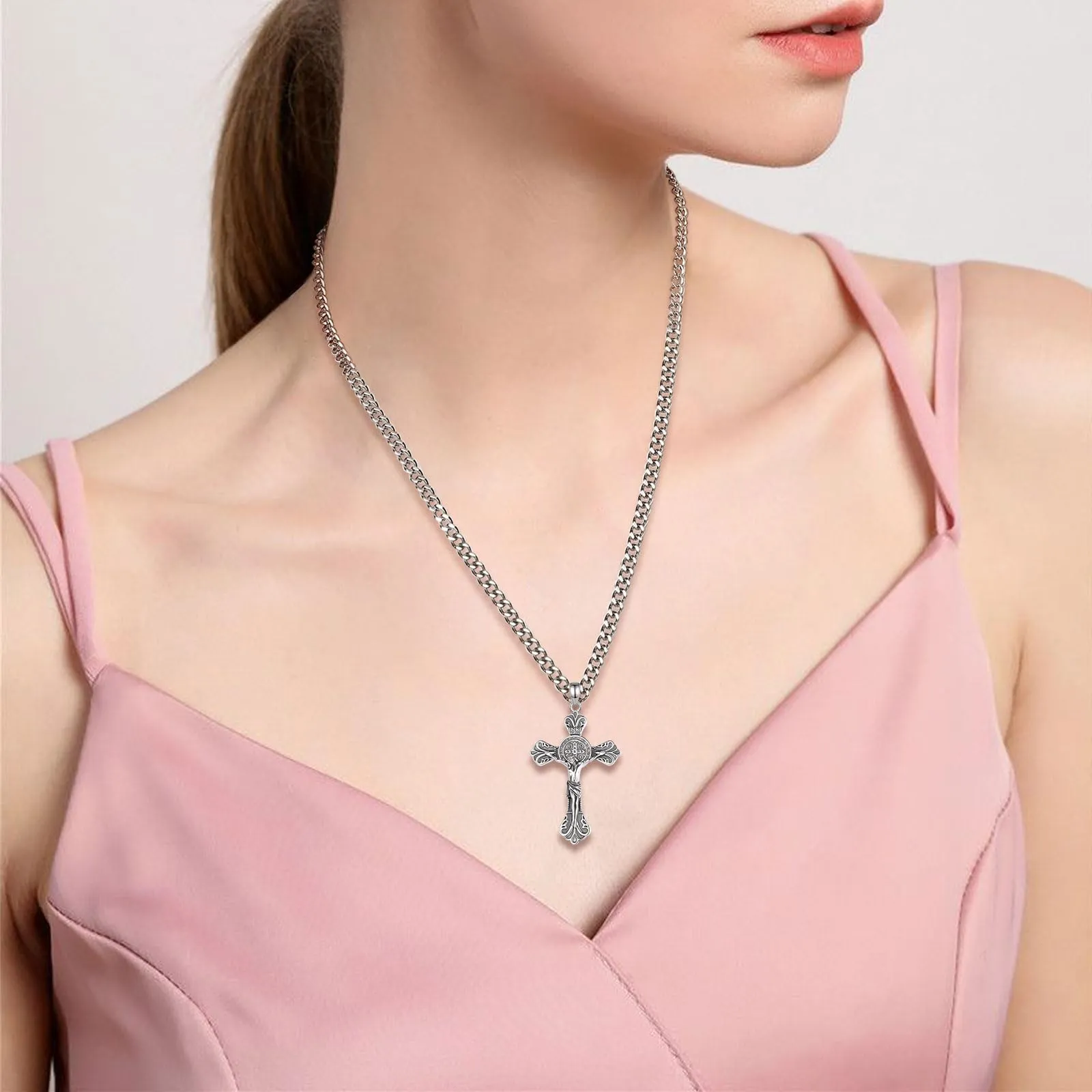 AEONSLOVE Collana Crocifisso Uomo Argento 925 Medaglia San Benedetto Argento Ciondolo Croce Cristiana Croce di San Benedetto Collana con Croce Gesù Cristo Gioielli Cattolico Cattolico Cristiani - immagine 9