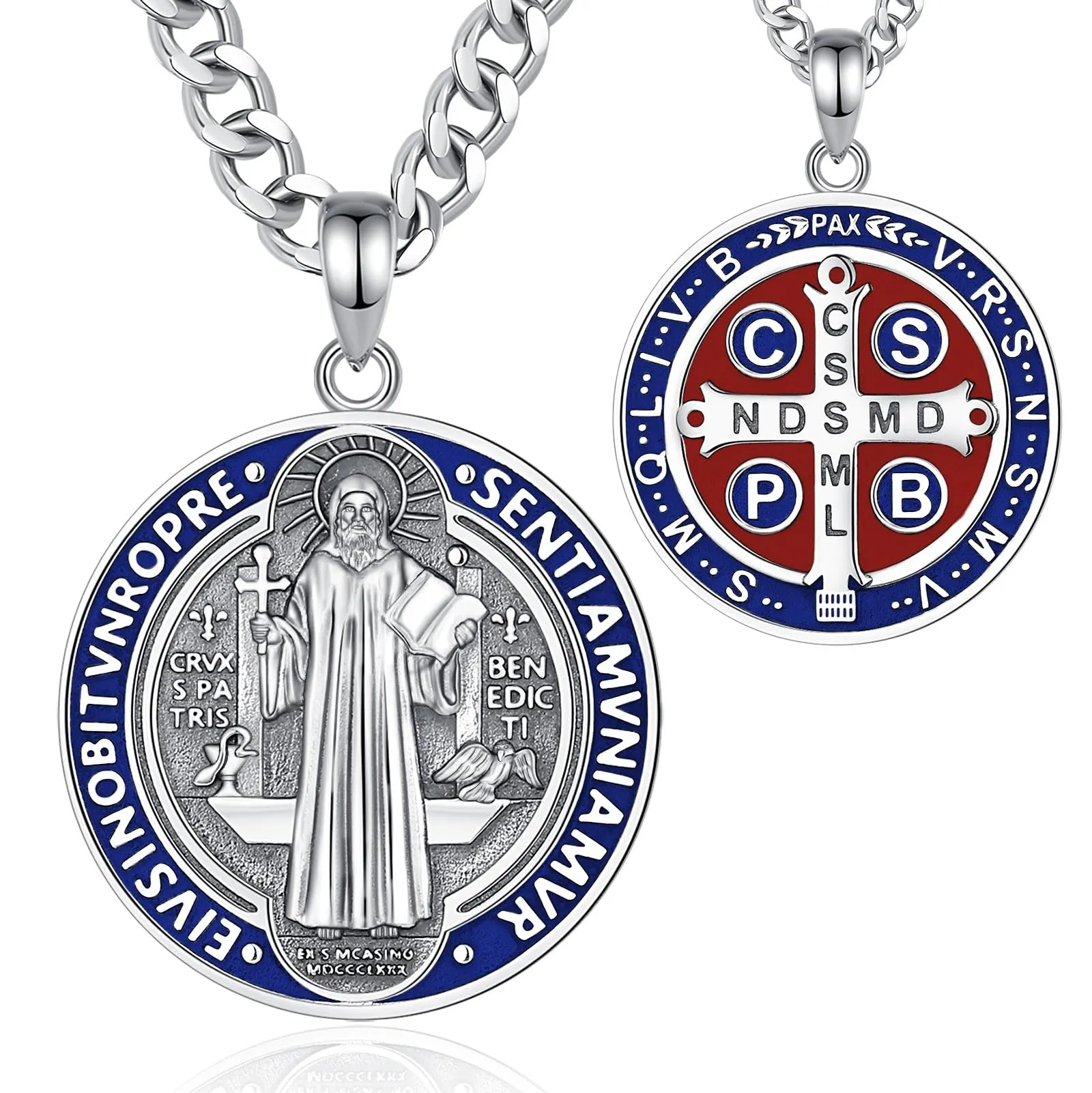 AEONSLOVE Medaglia San Benedetto Argento 925 Collana Saint Benedict Uomo Donna Ciondolo Croce di San Benedetto Gioielli Cattolico Cristiani Regalo Religiosi - immagine 1