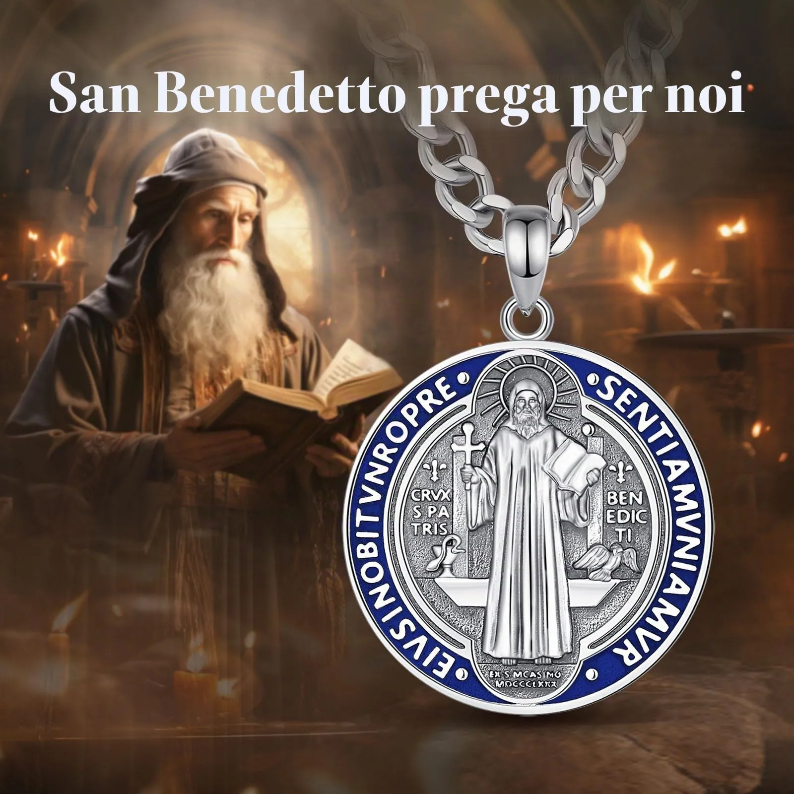 AEONSLOVE Medaglia San Benedetto Argento 925 Collana Saint Benedict Uomo Donna Ciondolo Croce di San Benedetto Gioielli Cattolico Cristiani Regalo Religiosi - immagine 4