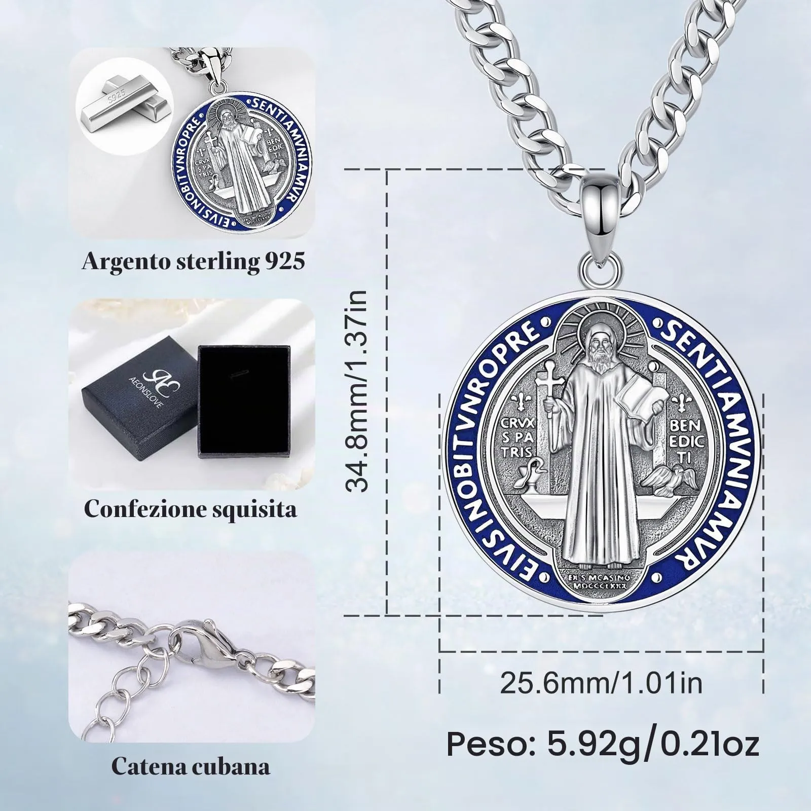 AEONSLOVE Medaglia San Benedetto Argento 925 Collana Saint Benedict Uomo Donna Ciondolo Croce di San Benedetto Gioielli Cattolico Cristiani Regalo Religiosi - immagine 7