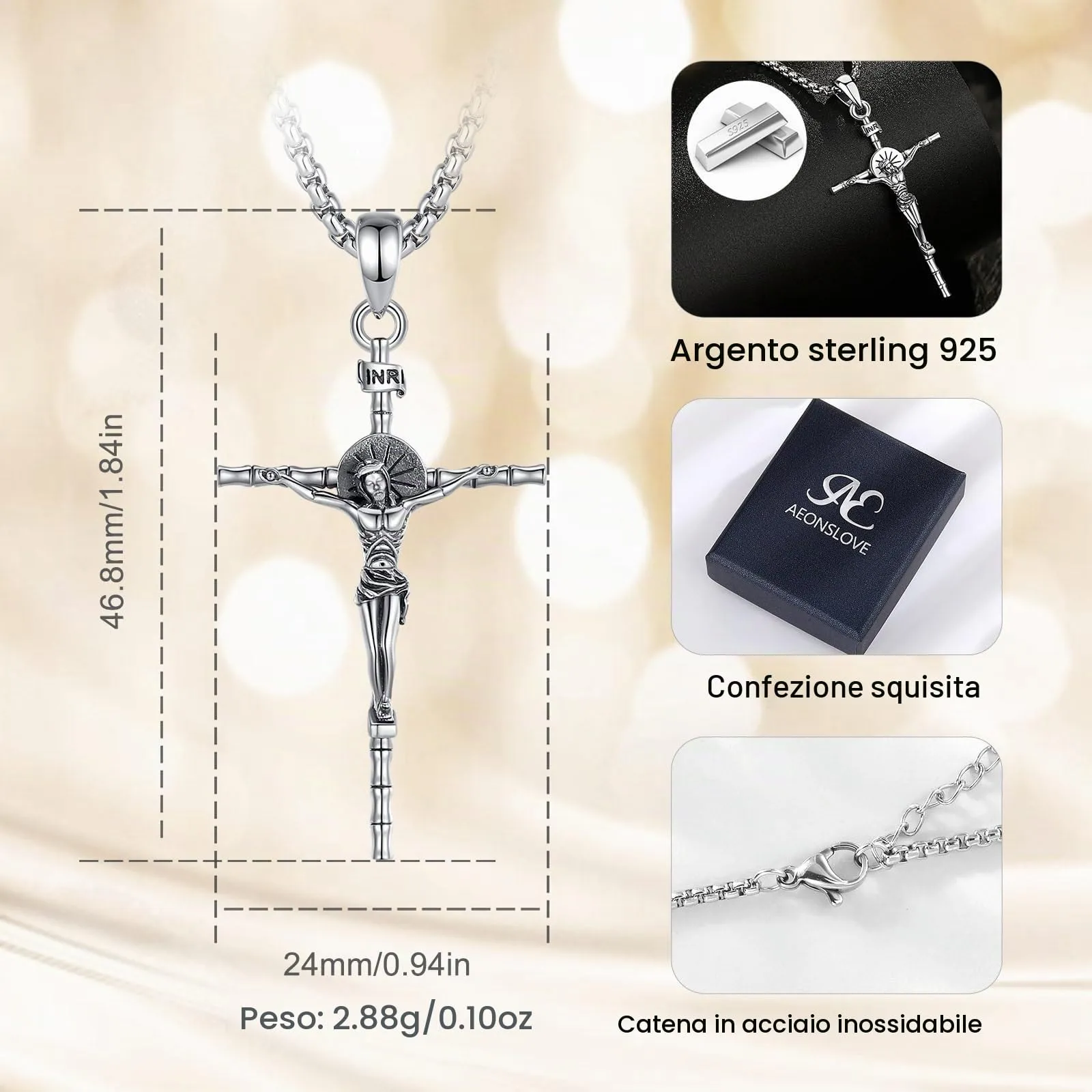 AEONSLOVE Collana Crocifisso Uomo Ciondolo Croce Cristiana Argento 925 Collana con Croce Donna Gioielli Gesù Cristo Regalo Cattolico Cristiani - immagine 7