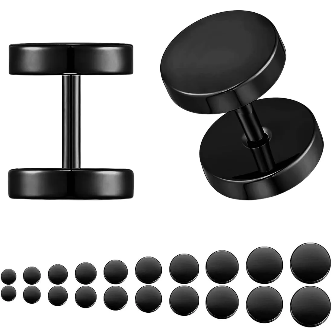 Jeyorzy Set di 10 paia di orecchini neri, acciaio inox, ipoallergenico, cerchio, finto plug tunnel, 3-12 mm - immagine 1