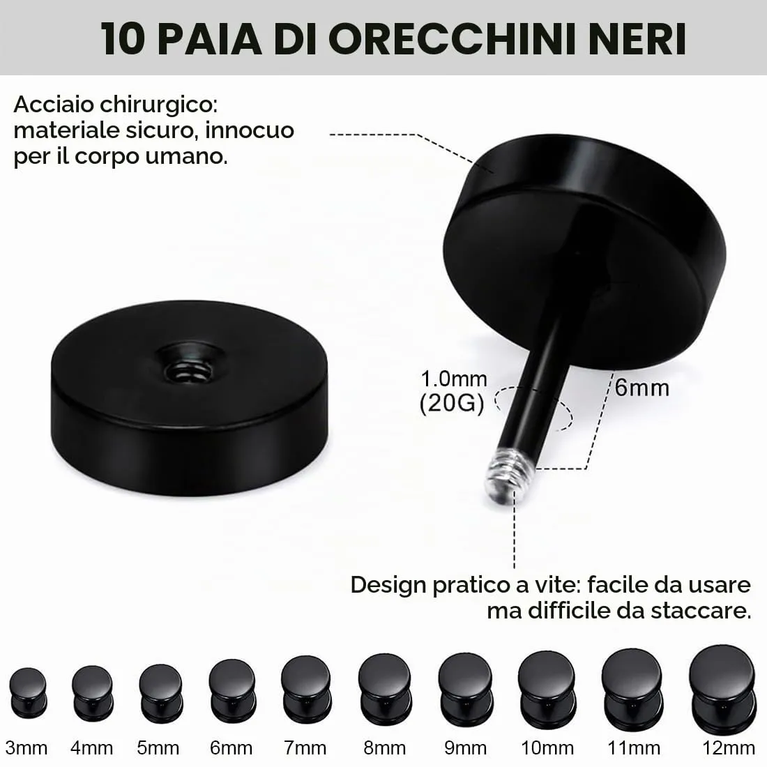 Jeyorzy Set di 10 paia di orecchini neri, acciaio inox, ipoallergenico, cerchio, finto plug tunnel, 3-12 mm - immagine 2