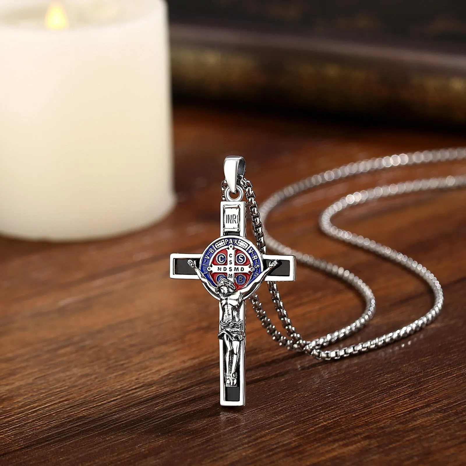 AEONSLOVE Collana con Crocifisso Uomo Argento 925 Ciondolo Croce Cristiana Donna Medaglia Croce di San Benedetto Gesù Cristo Gioielli Cattolico Cattolico Cristiani - immagine 2