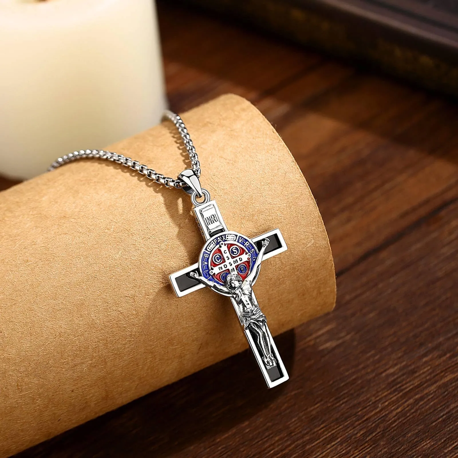 AEONSLOVE Collana con Crocifisso Uomo Argento 925 Ciondolo Croce Cristiana Donna Medaglia Croce di San Benedetto Gesù Cristo Gioielli Cattolico Cattolico Cristiani - immagine 3