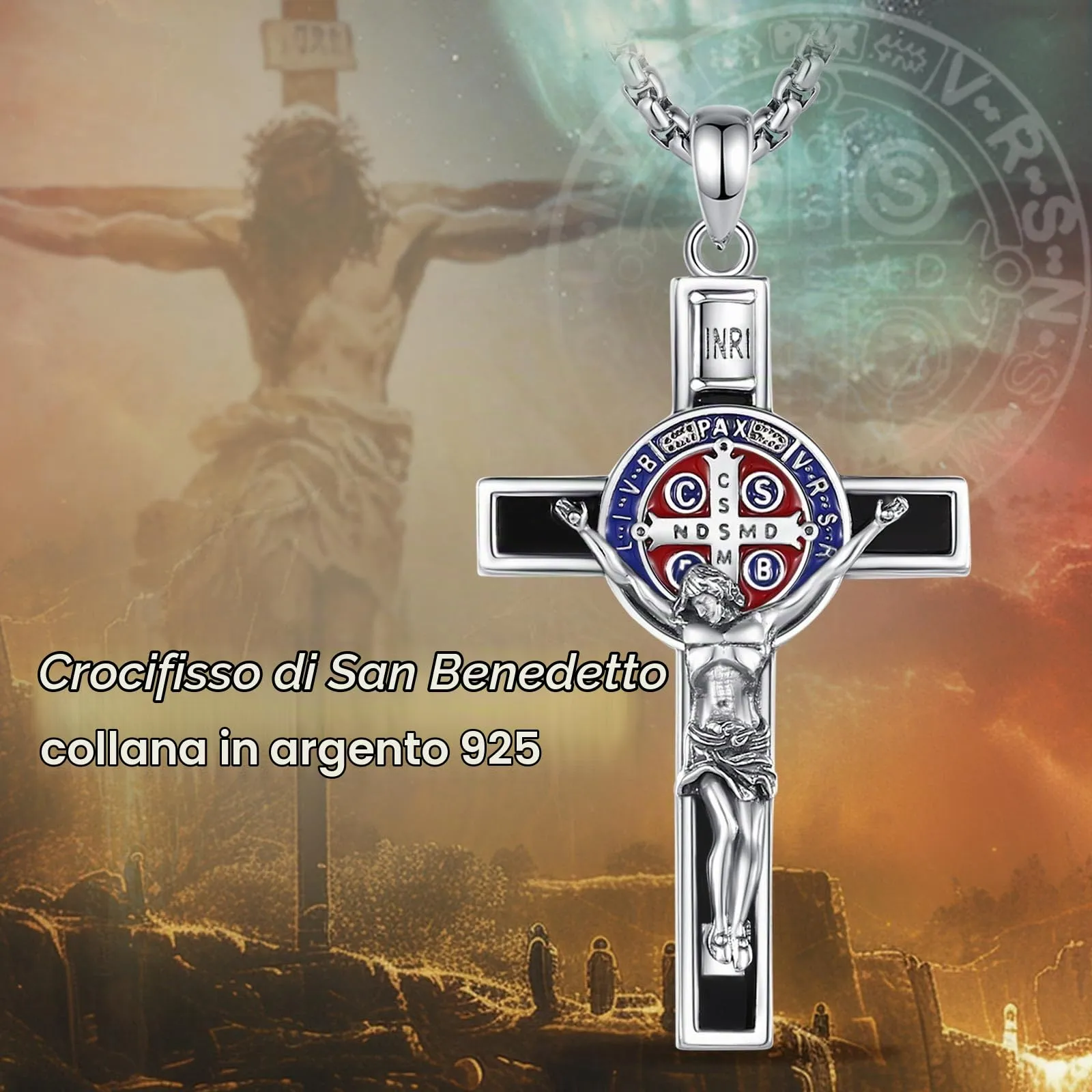 AEONSLOVE Collana con Crocifisso Uomo Argento 925 Ciondolo Croce Cristiana Donna Medaglia Croce di San Benedetto Gesù Cristo Gioielli Cattolico Cattolico Cristiani - immagine 4