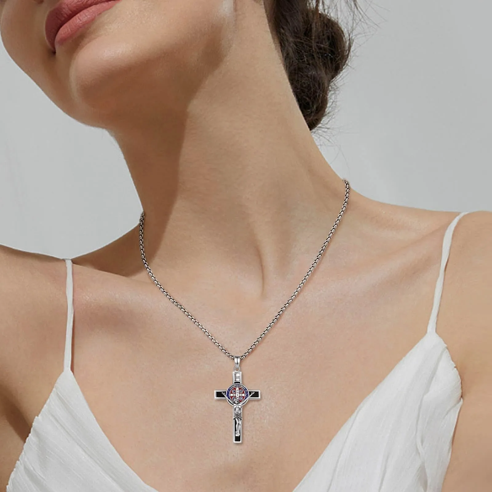 AEONSLOVE Collana con Crocifisso Uomo Argento 925 Ciondolo Croce Cristiana Donna Medaglia Croce di San Benedetto Gesù Cristo Gioielli Cattolico Cattolico Cristiani - immagine 6