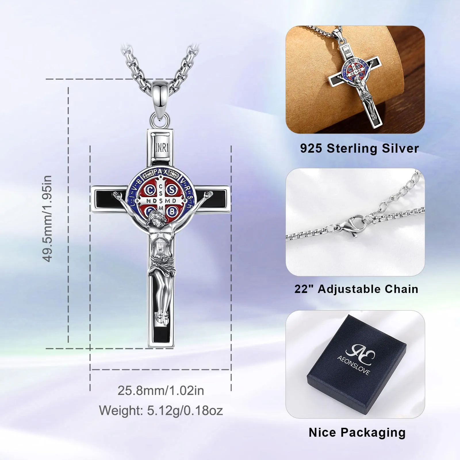 AEONSLOVE Collana con Crocifisso Uomo Argento 925 Ciondolo Croce Cristiana Donna Medaglia Croce di San Benedetto Gesù Cristo Gioielli Cattolico Cattolico Cristiani - immagine 7