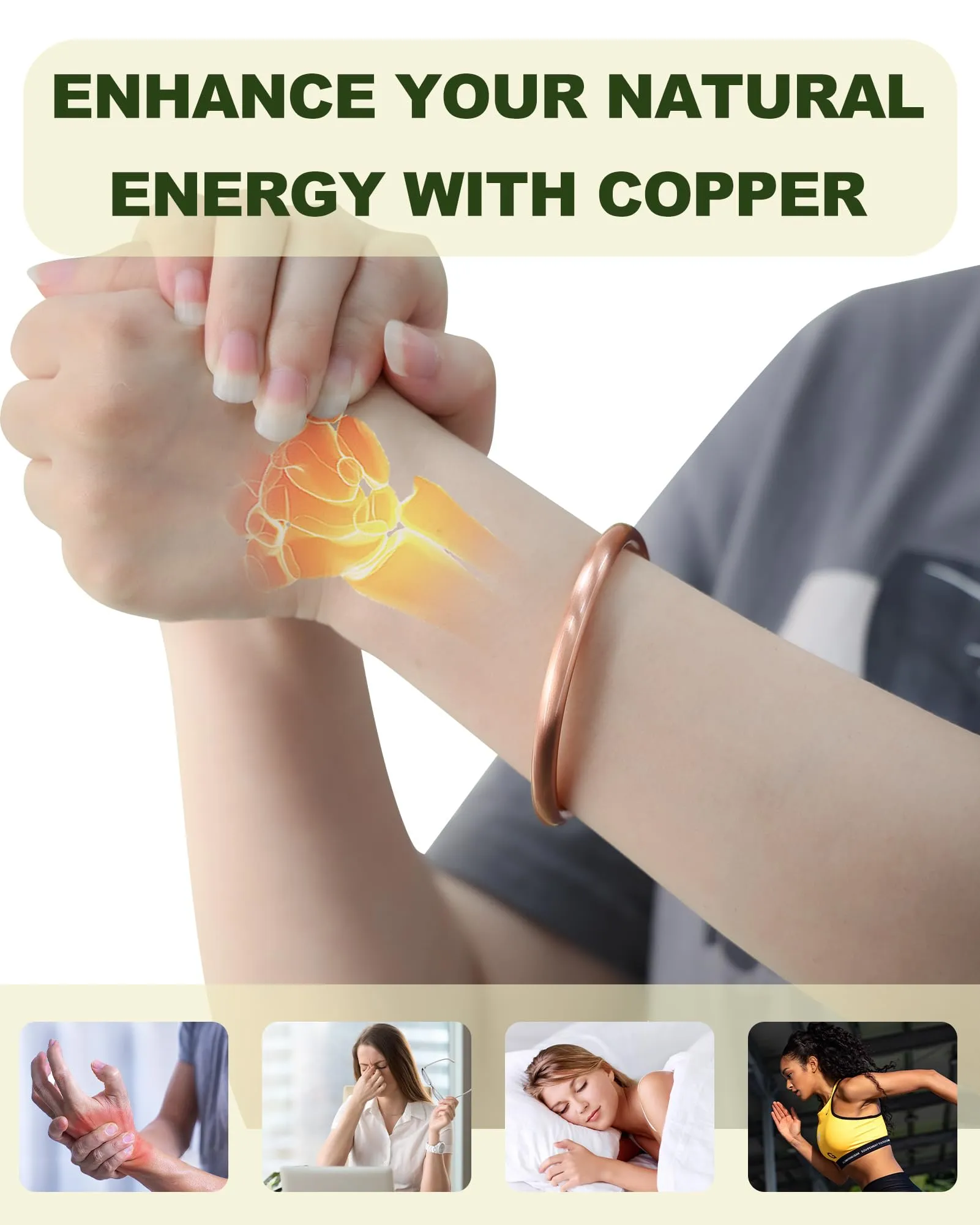 MagEnergy Braccialetto in rame per uomini e donne, 100% puro rame, grezzo, solido e non rivestito, fatto a mano, braccialetto tibetano senza tempo, Misura unica, Rame, Nessuna pietra preziosa - immagine 4