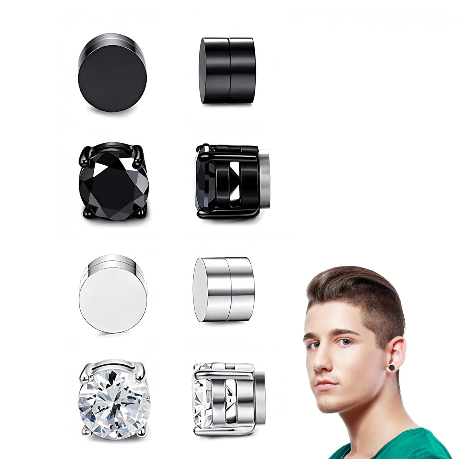 VYNZOR Orecchini senza Buco Uomo, Orecchini Finti Uomo con Magnete Forte, 4 Paia di Orecchini a Clip Magnetici senza Perforazione per Look Elegante e Casual - immagine 1