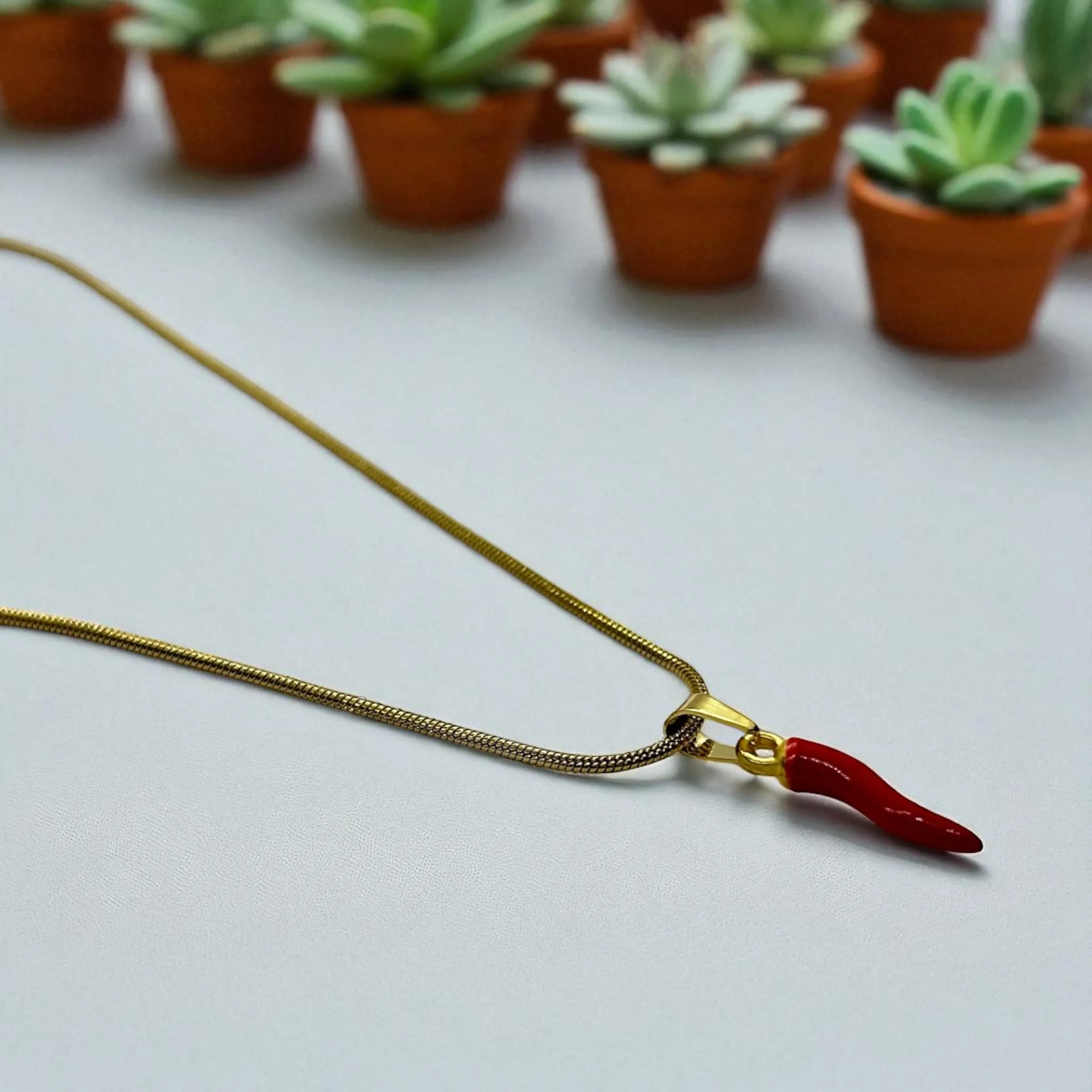 Collana Donna Uomo Catena coda di Topo in Acciaio inox 316L con Ciondolo Corno Cornetto Rosso Peperoncino inossidabile anallergico (GOLD) - immagine 3